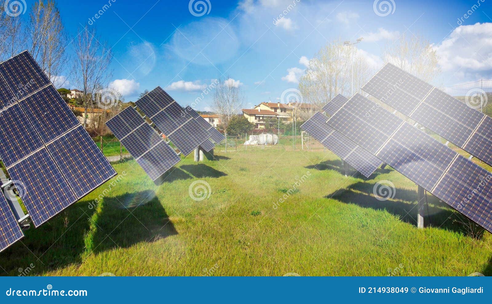 group of modern solar panels oriented to the sun