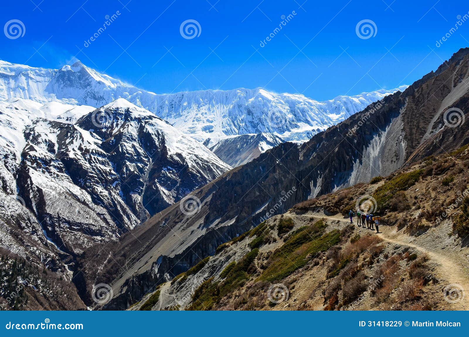 group of mountain trekkers backpacking in himalayas landscape