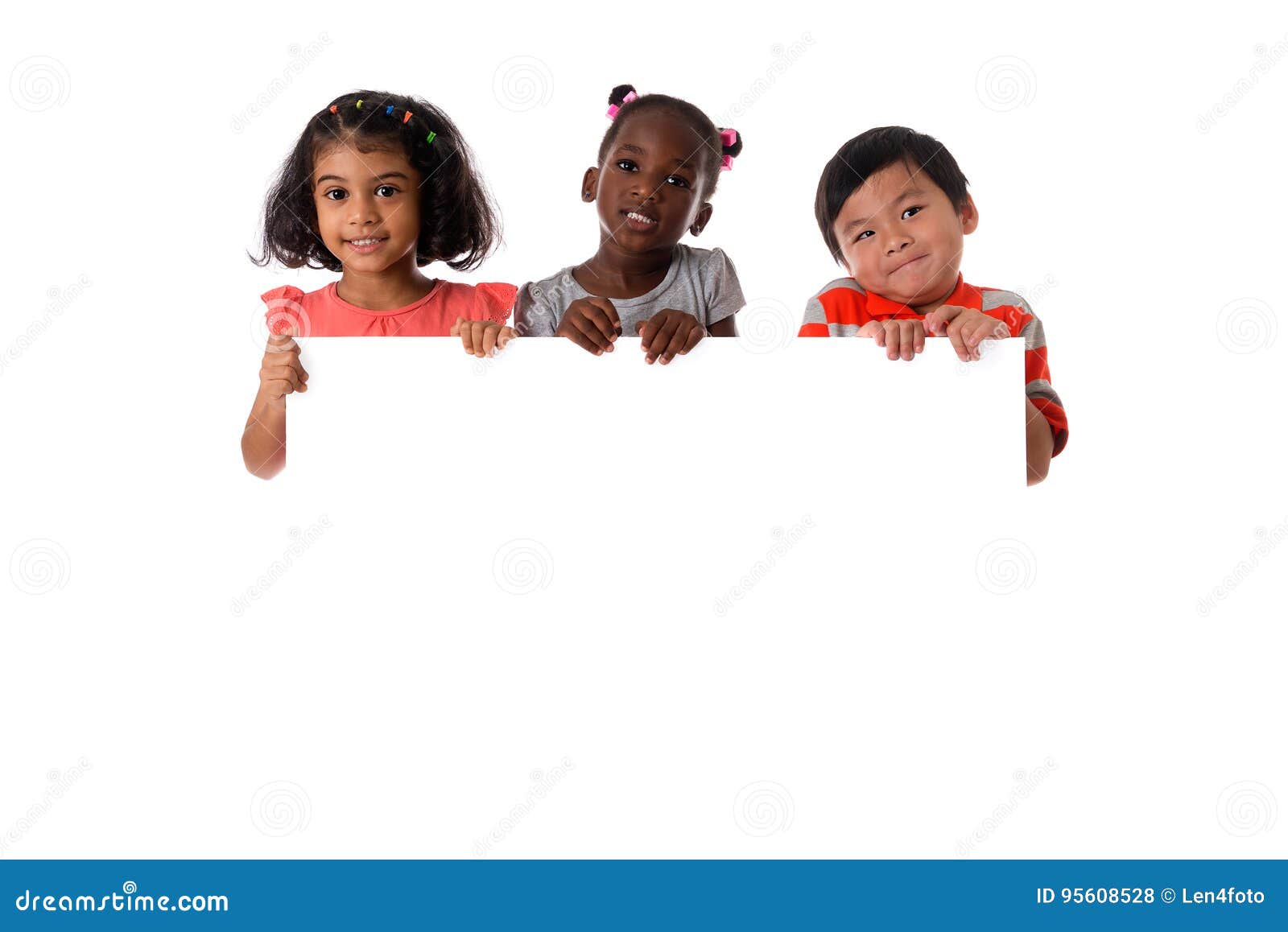 group of multiracial kids portrait with white board.