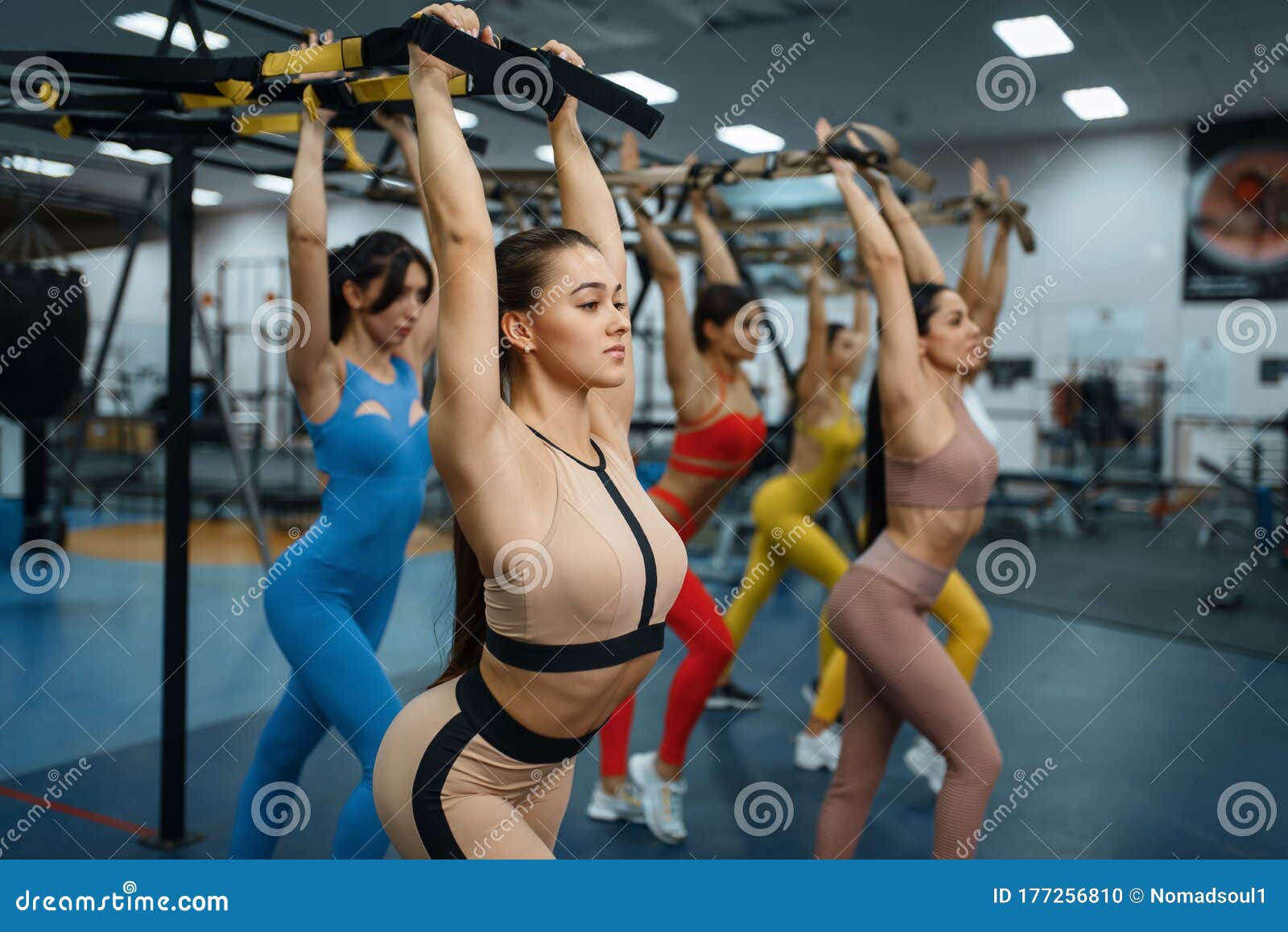 Group of Muscular Women Doing Exercise in Gym Stock Photo - Image