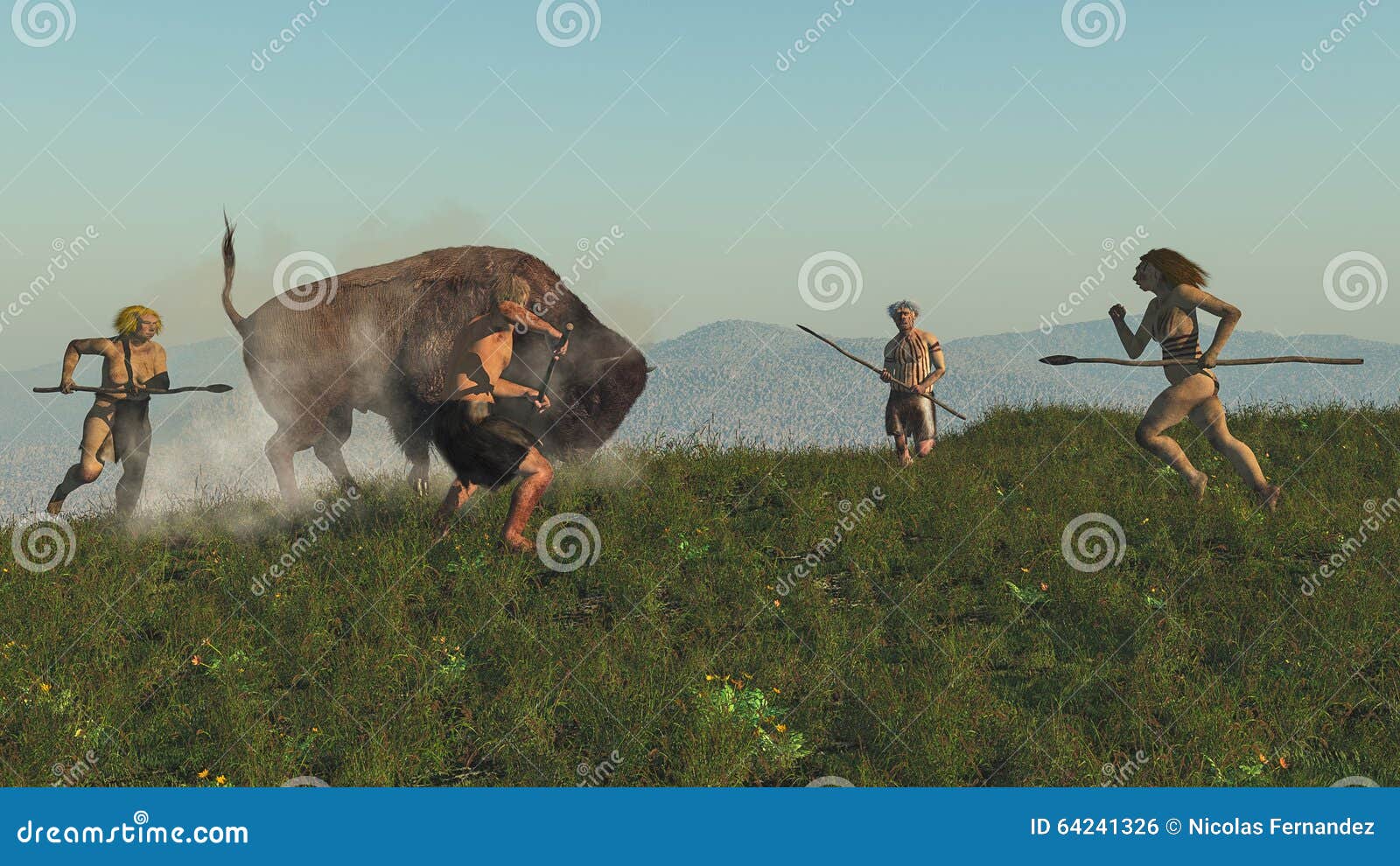 group of neanderthal hunting a bison