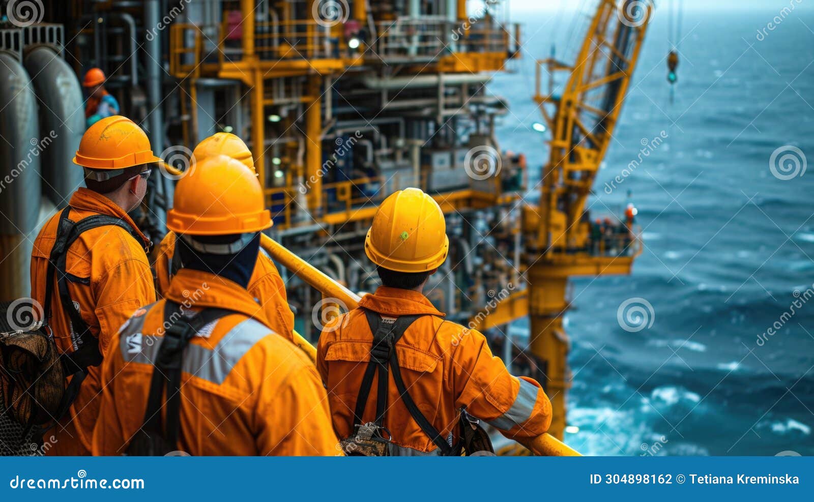 Group of Oil Rig Workers Dressed in Protective Gear, Collaboratively Troubleshooting a Piece of