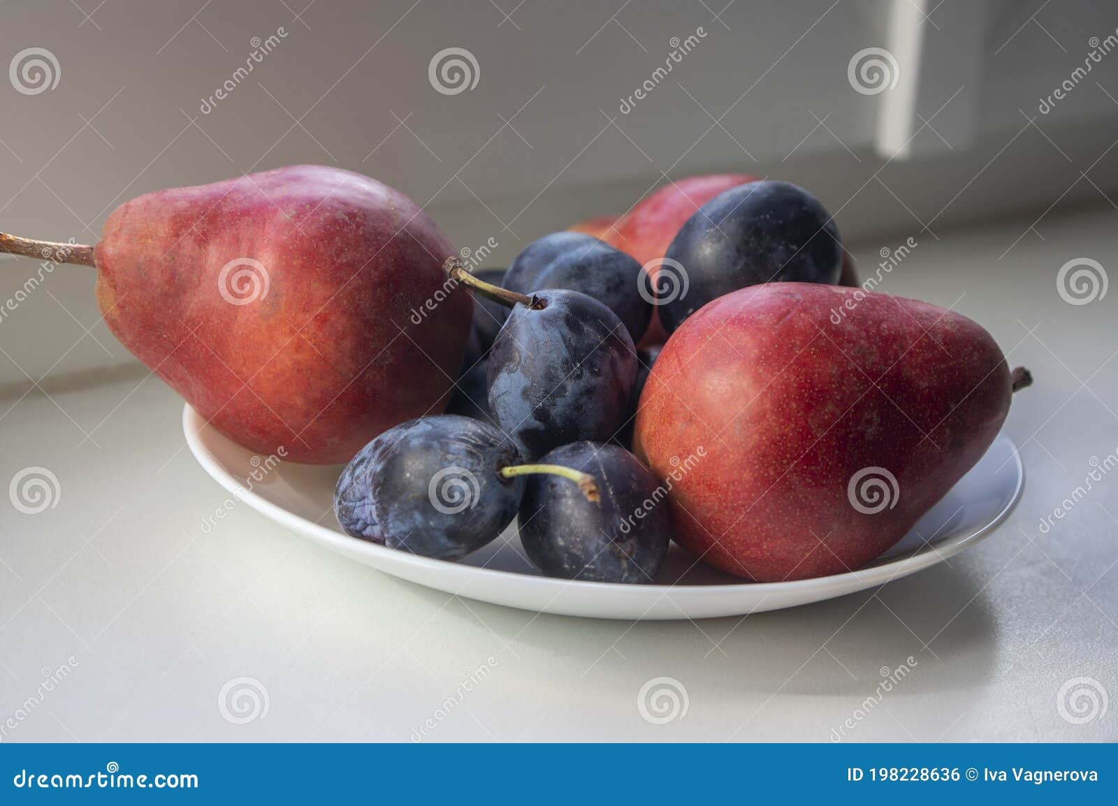 Group Of Pears And Blue Plums Edible Fruits Tasty Ripened Red Yellow
