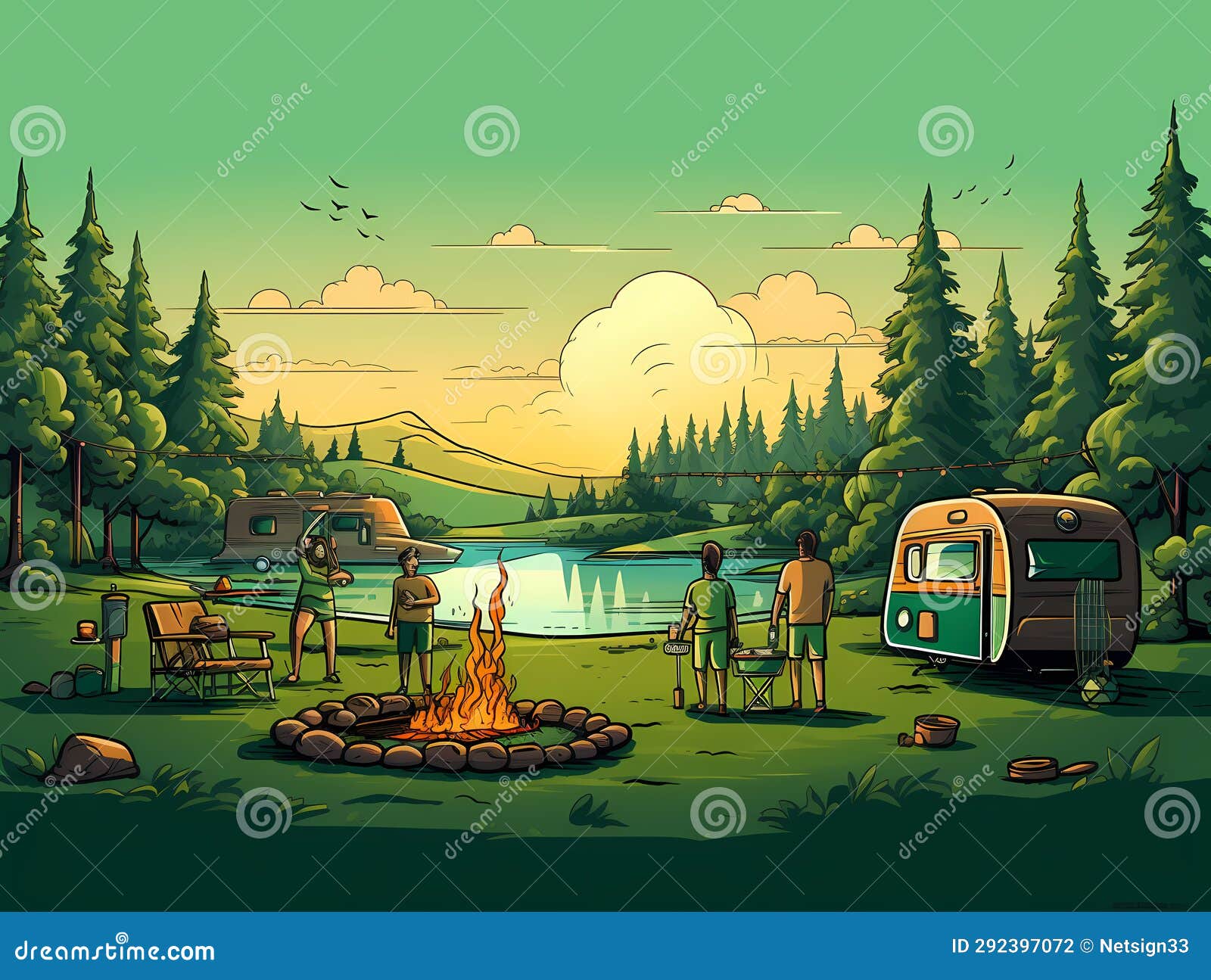 Group Of People Around A Campfire Stock Illustration Illustration Of Season Landscape 292397072 5201