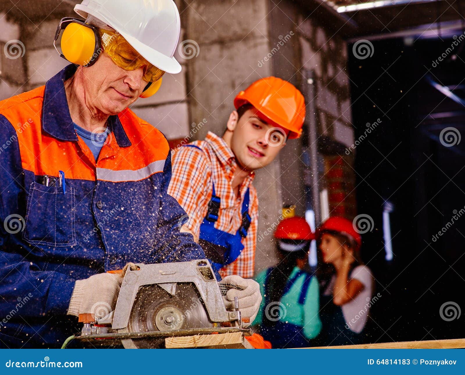 Group People Builder with Circular Saw Stock Image Image of