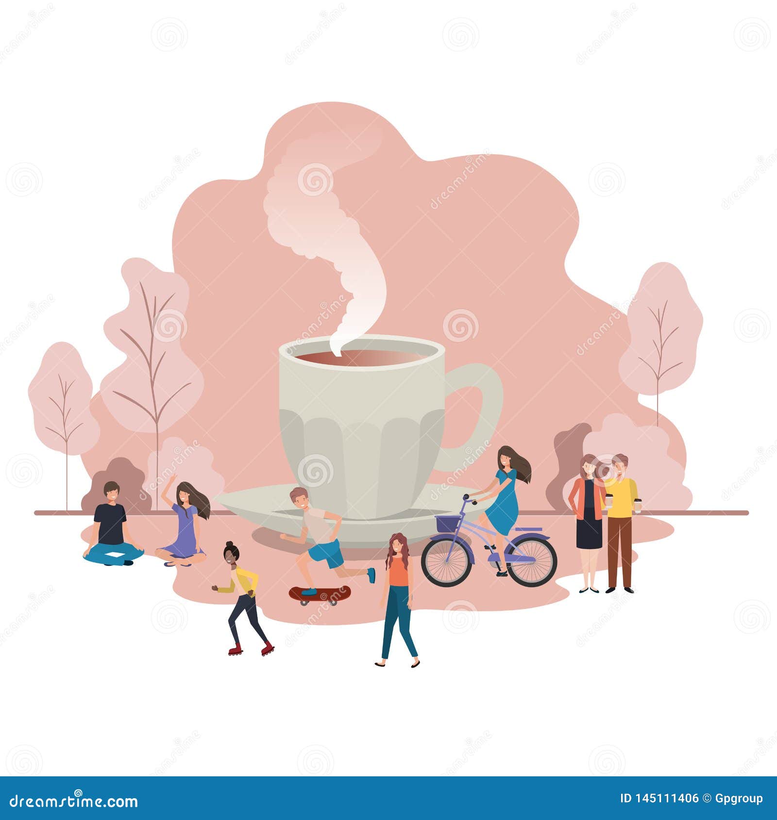 group of people cup of coffee avatar character
