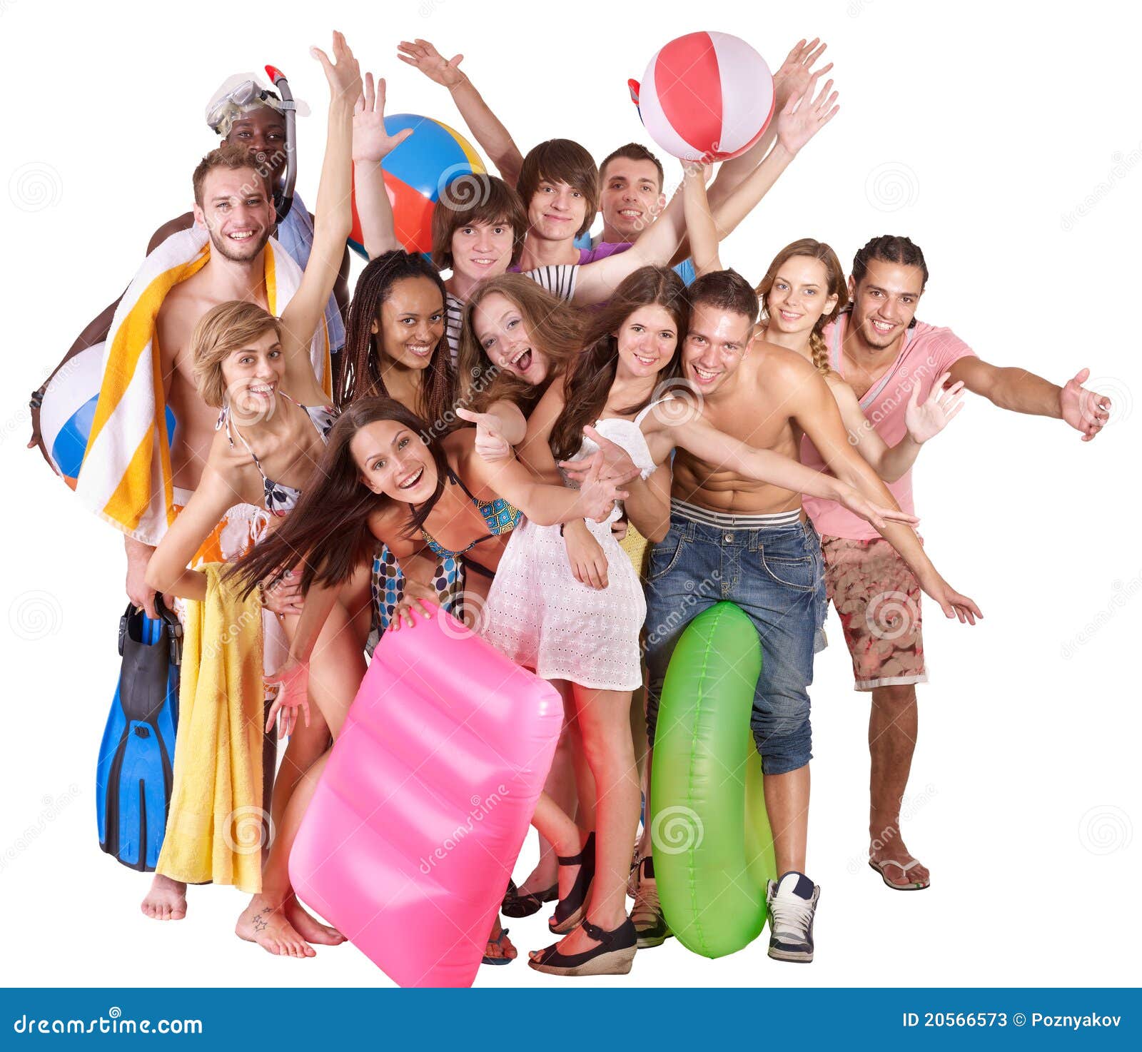 group people holding beach accessories.