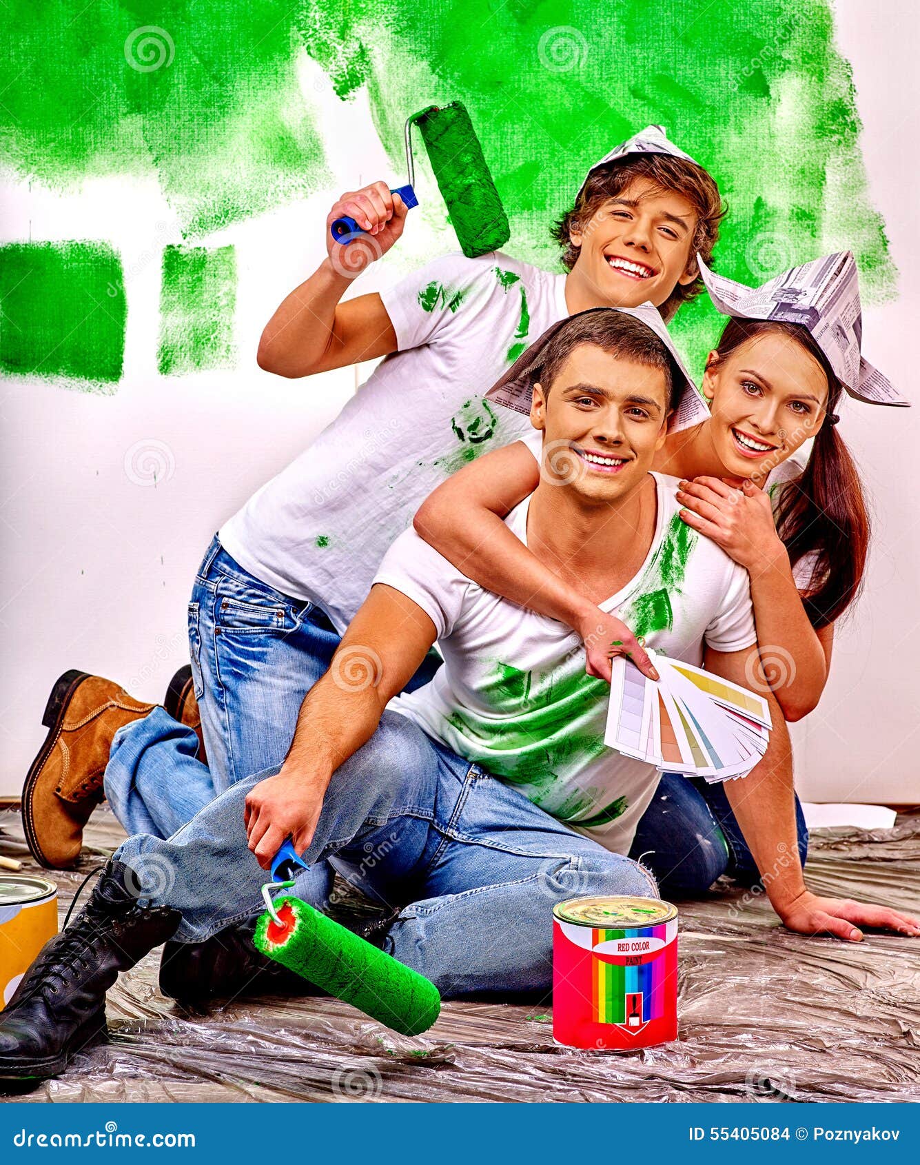 Group People Paint Wall at Home Stock Photo Image of color