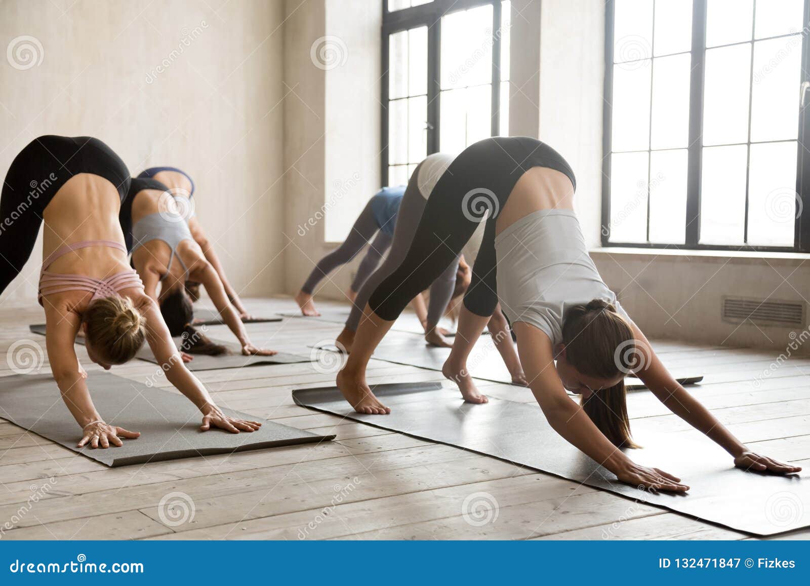 Group of People Practicing Yoga Lesson, Doing Downward Facing Do Stock ...