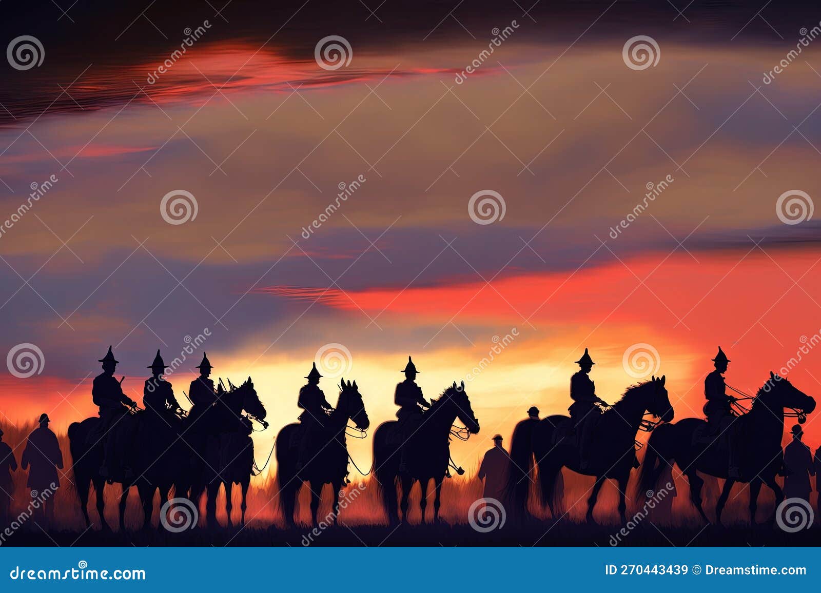 A Group Of People Riding On The Backs Of Horses At Sunset Stock