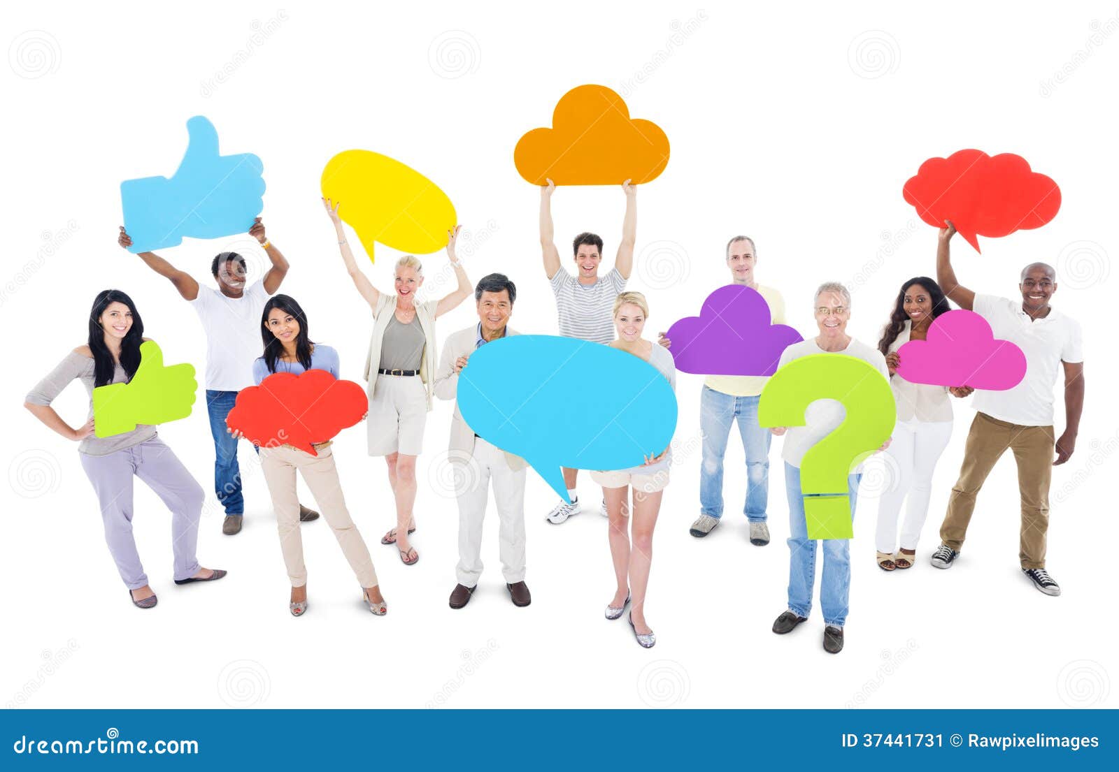 group of people sharing ideas and holding social media icons