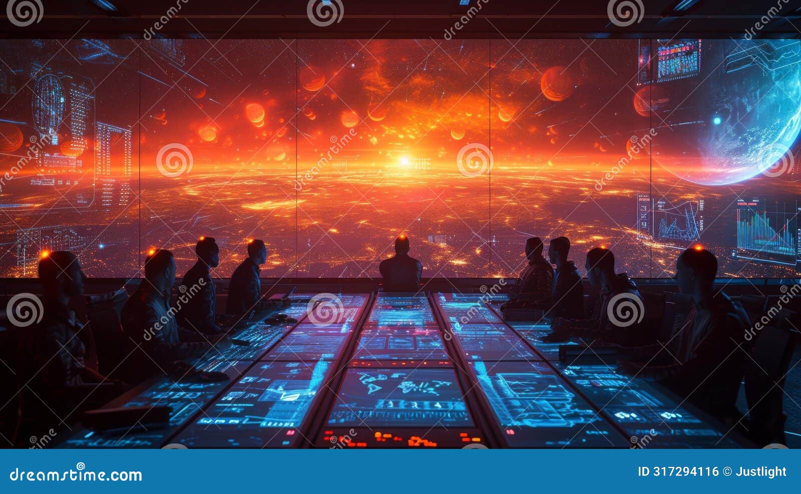 a group of people sitting around a virtual conference table each with a holographic projection of a different aspect of