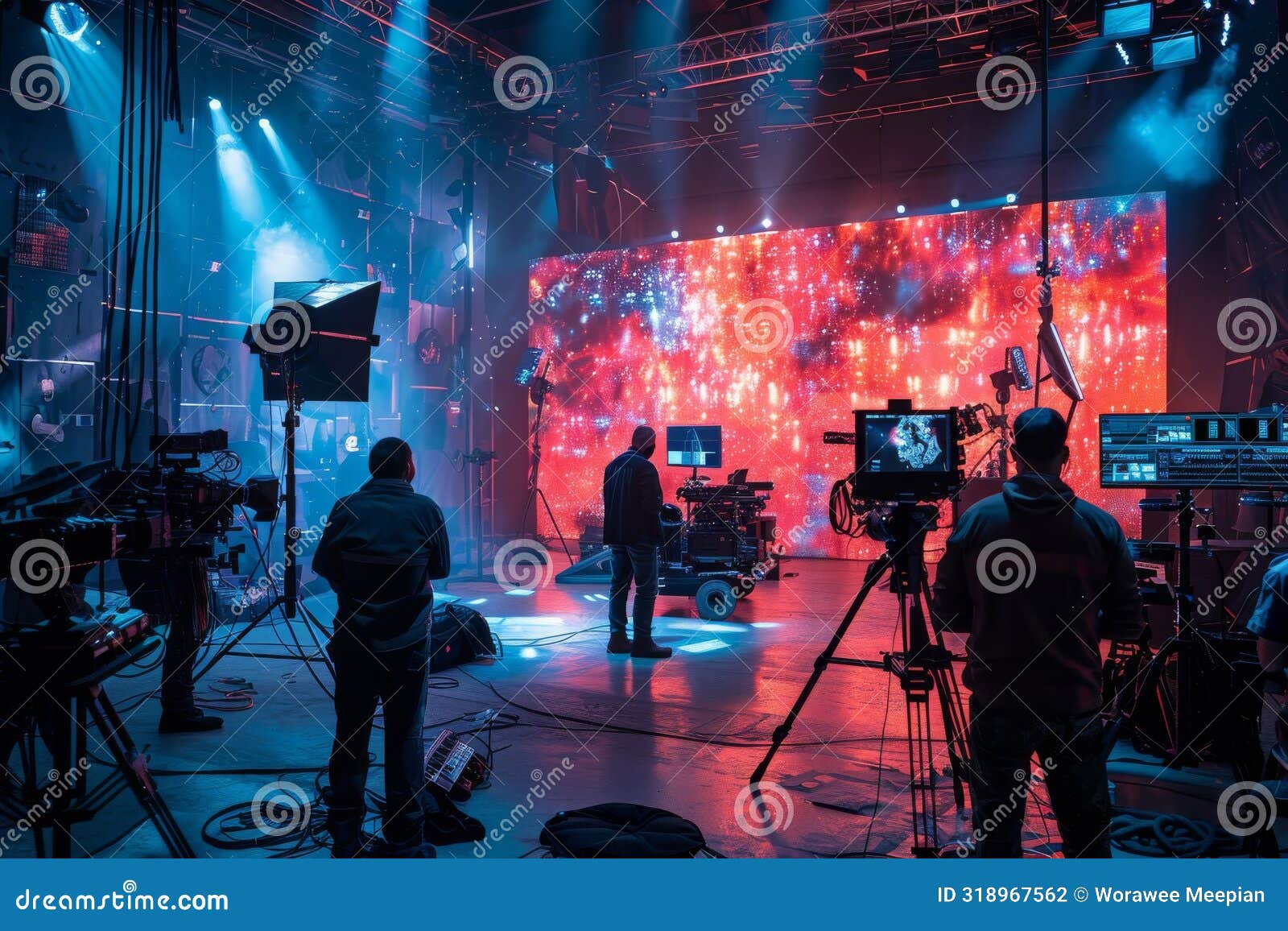 A Group of People are Standing in Front of a Large Green Screen Stock