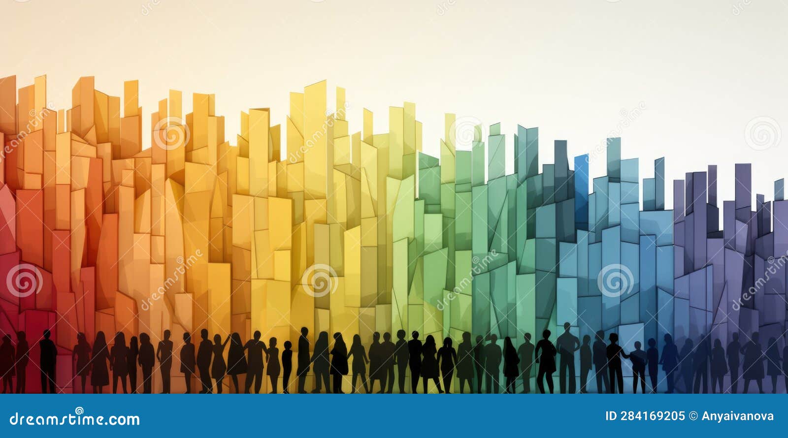 A Group of People Standing in Front of a Rainbow Colored Wall