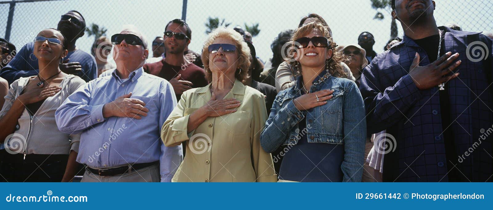 Group of People Standing for National Anthem Stock Photo Image of panoramic, horizontal 29661442