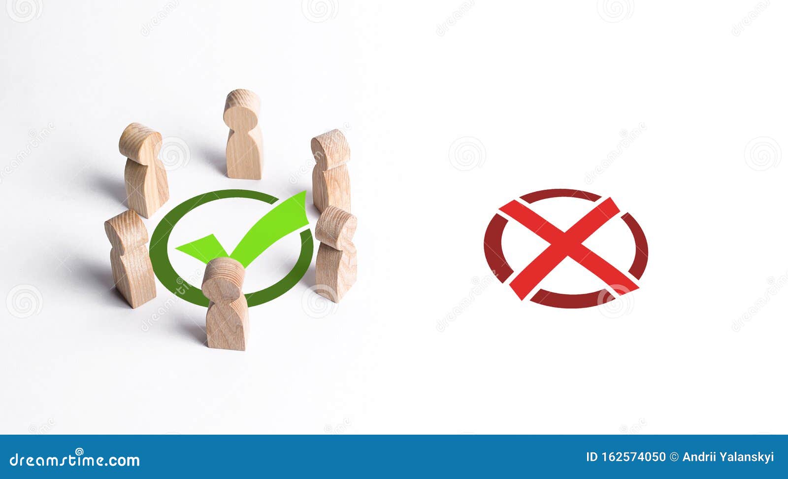 a group of people surrounded a green checkmark, ignoring the red x. the right collective choice, smart strategy and foresight