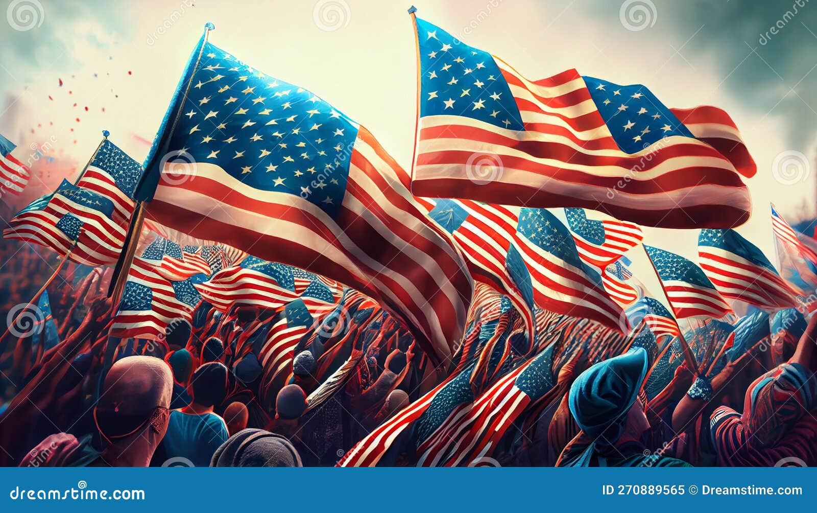 Group Of People Waving American Flags In Back Lit Stock Illustration