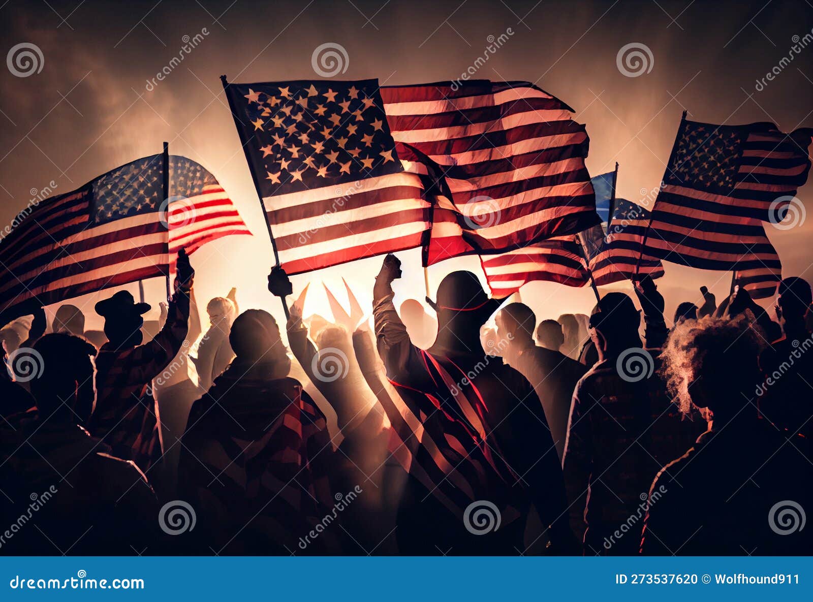 Group Of People Waving American Flags In Back Lit Generate Ai Stock