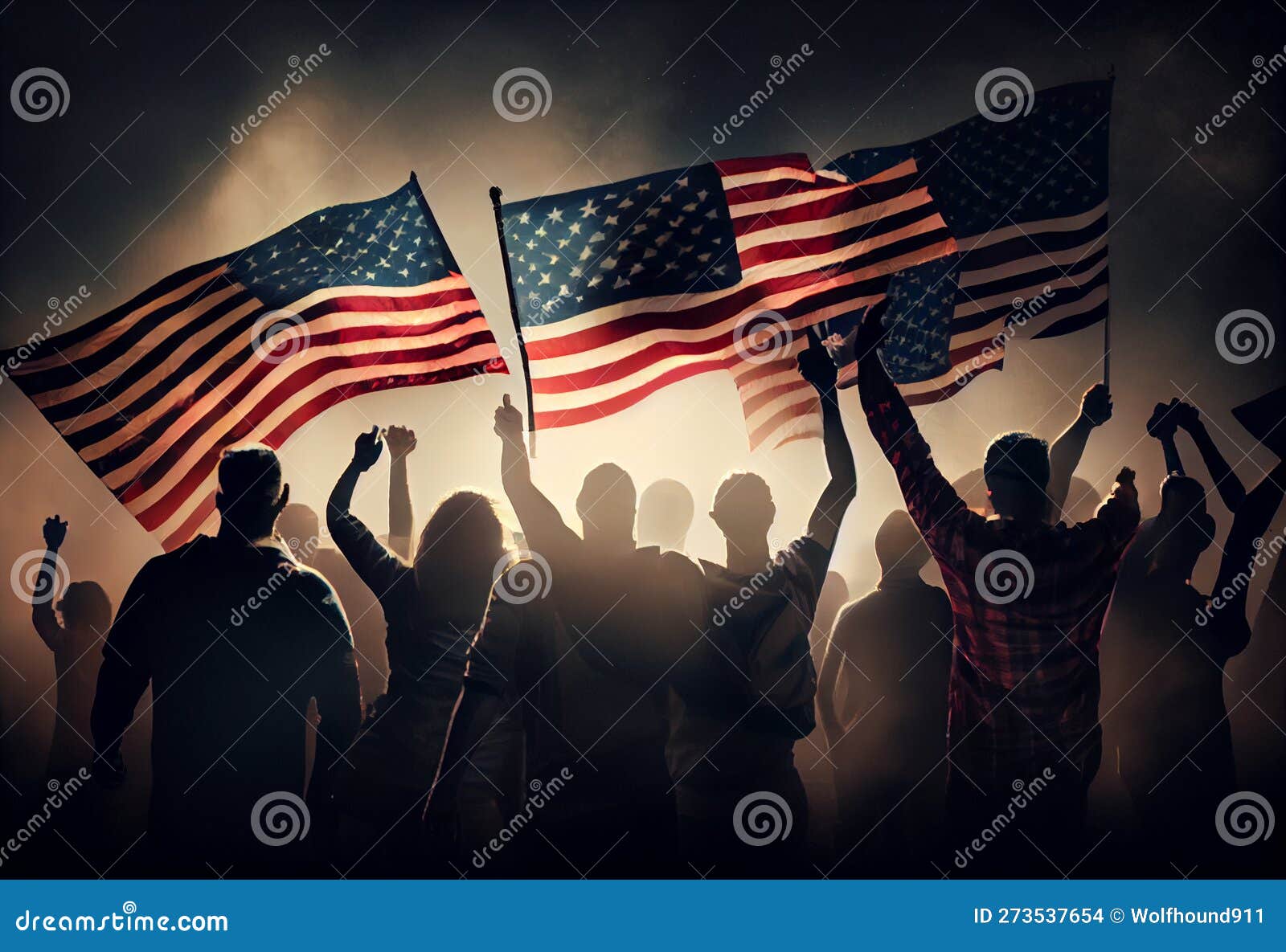 Group Of People Waving American Flags In Back Lit Generate Ai Stock