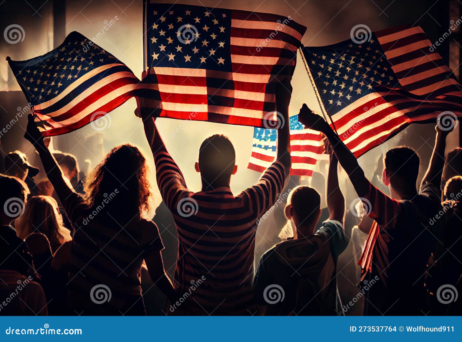 Group Of People Waving American Flags In Back Lit Generate Ai Stock