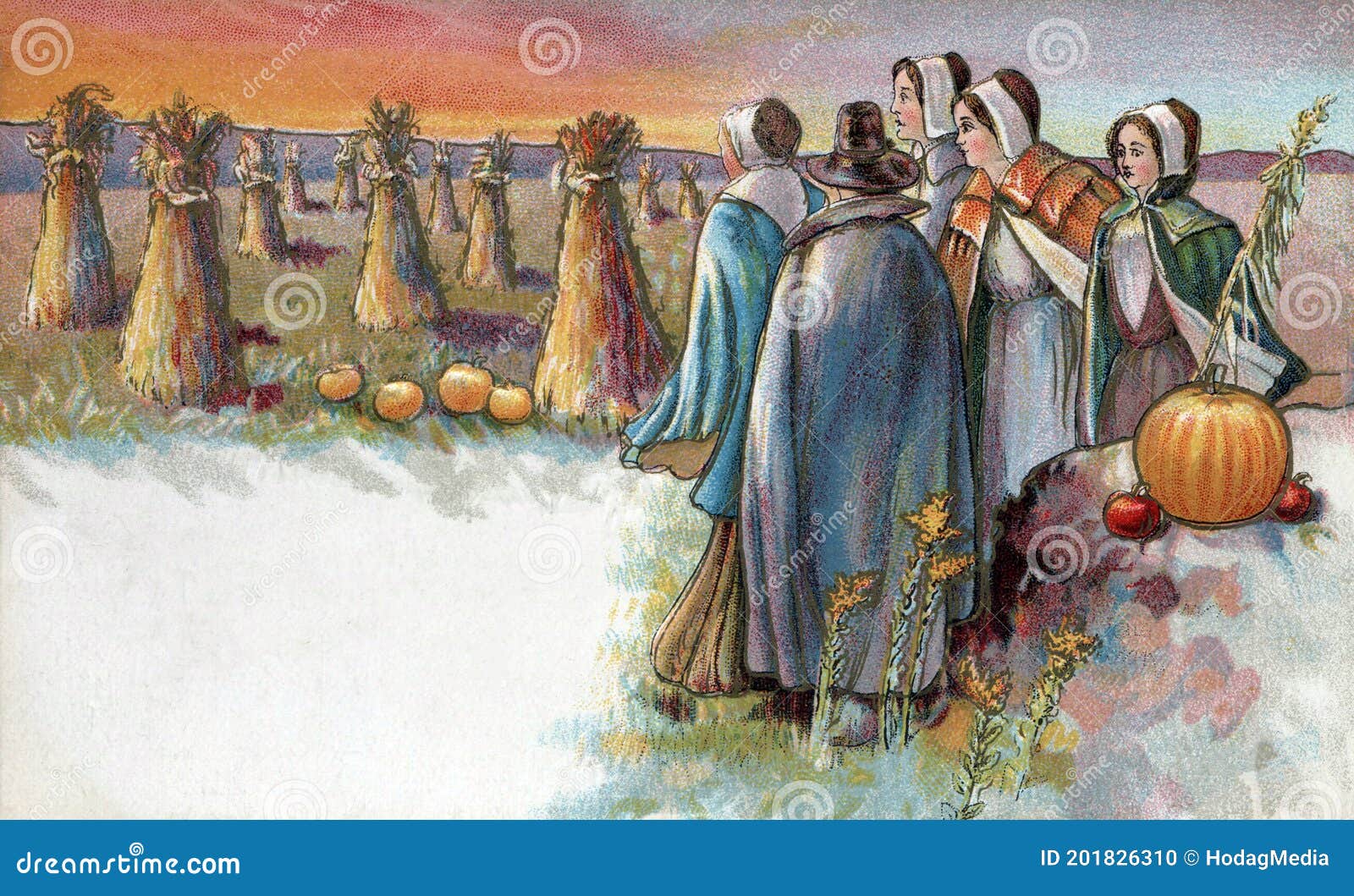 pilgrims in field at sunset