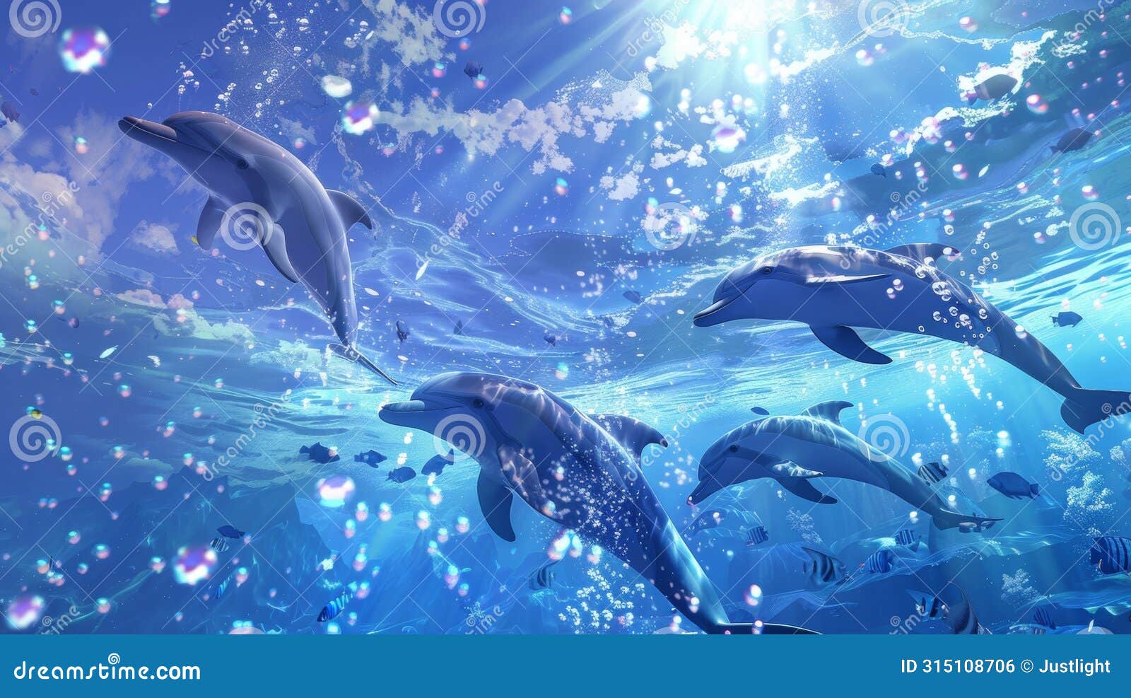 a group of playful dolphins frolic in the sparkling blue waters their happy squeaks and clicks echoing through the
