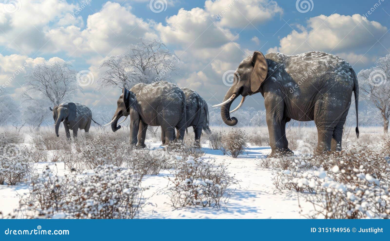 a group of playful pachyderms their long trunks using their sense of smell to find hidden vegetation beneath the snowy