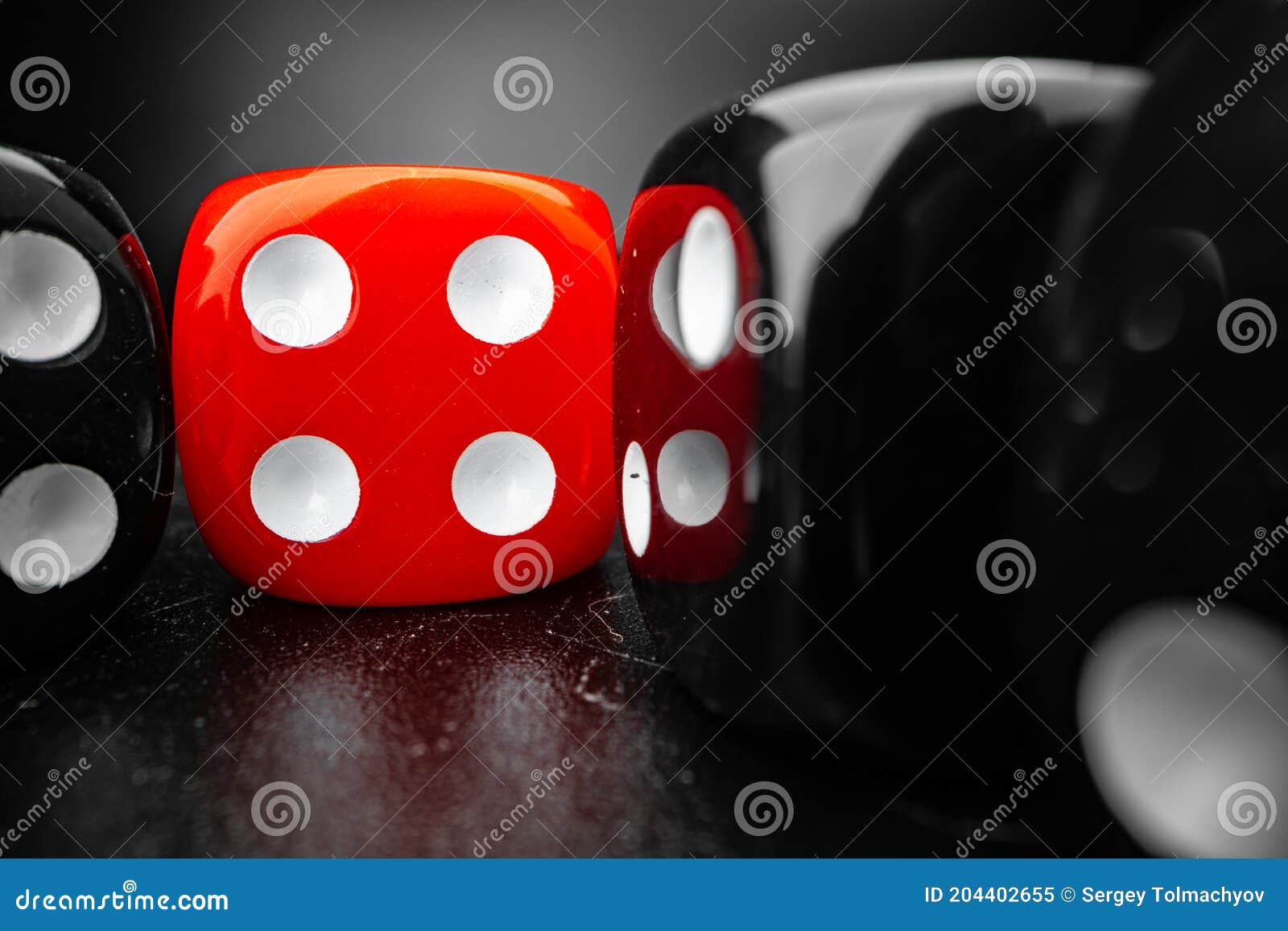 Group of Playing Dice Cubes on Black Surface, Macro Stock Image Image