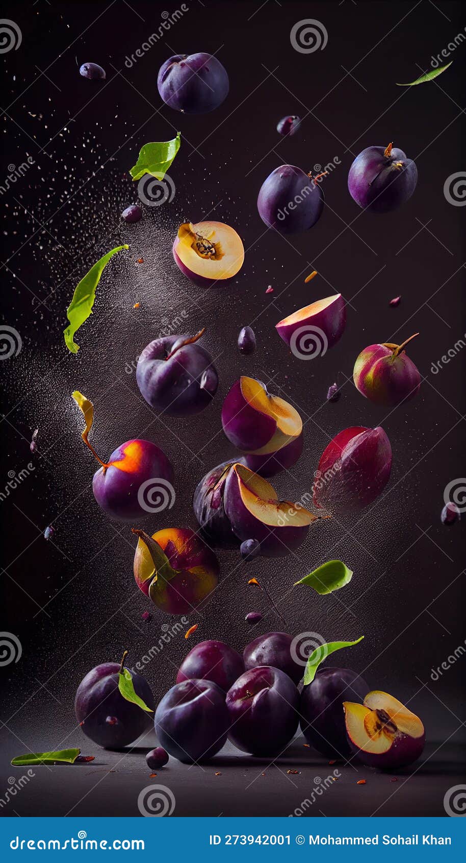Group of Plums Fruits Creatively FallingDripping Flying or Splashing
