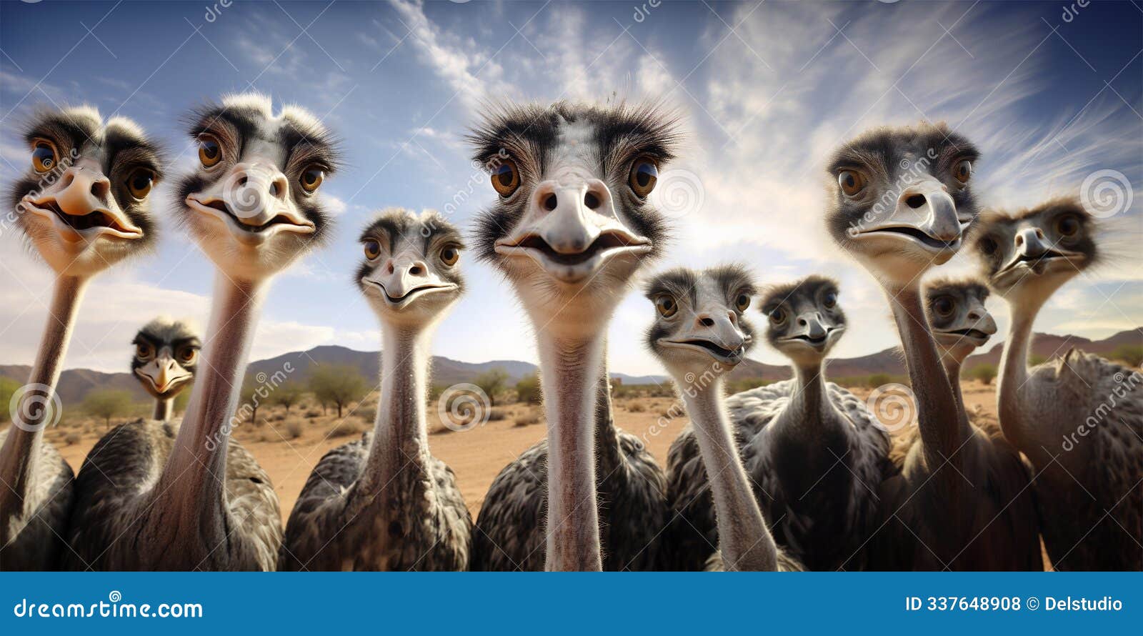 group portrait of many funny ostrichs, panoramic web banner