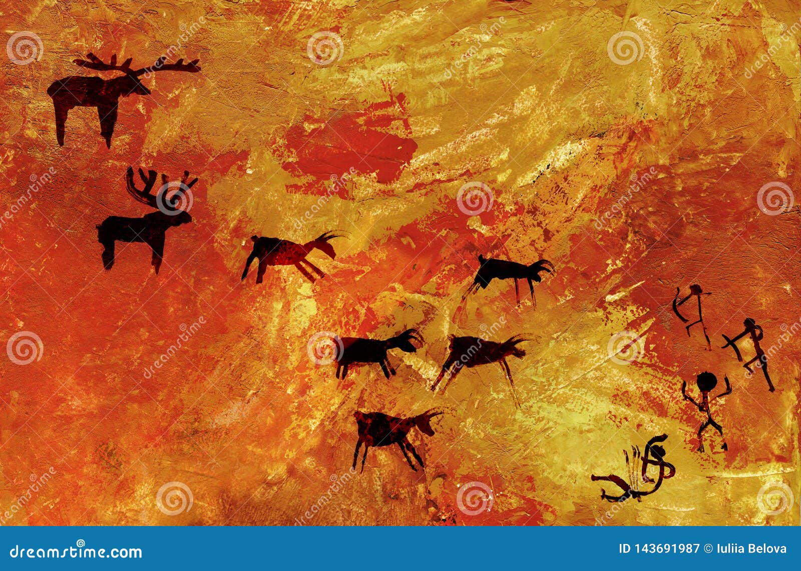 group of primitive people hunts a herd of hoofed animals of deer and moose. stylization of cave rock art