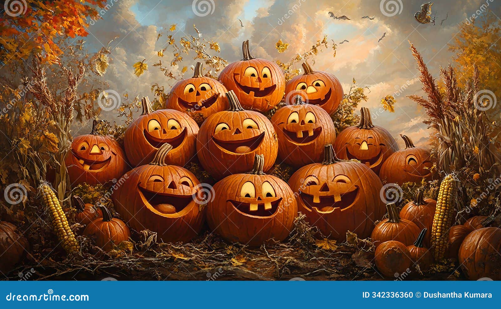group of pumpkins with happy faces