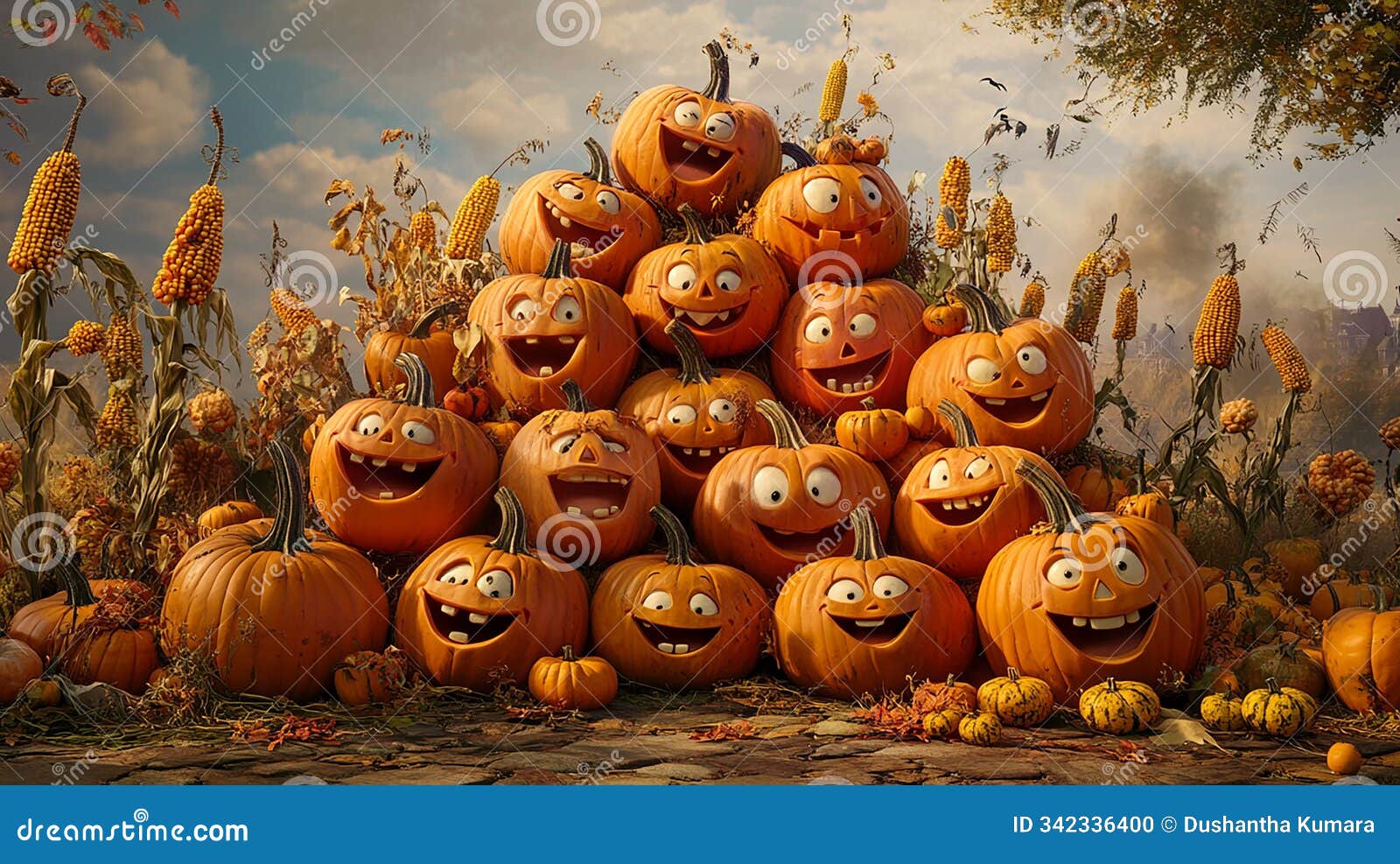 group of pumpkins with happy faces