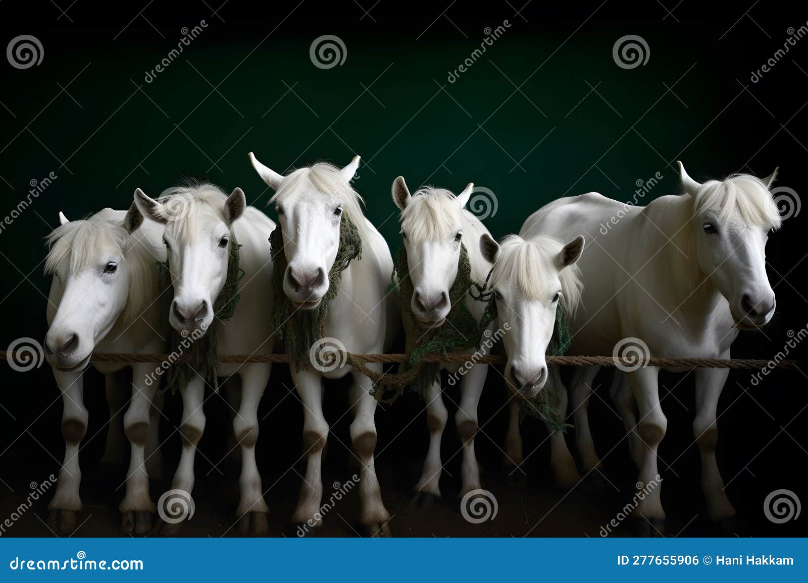 Group of Pure White Horses in a Stable, Captured from a Front View