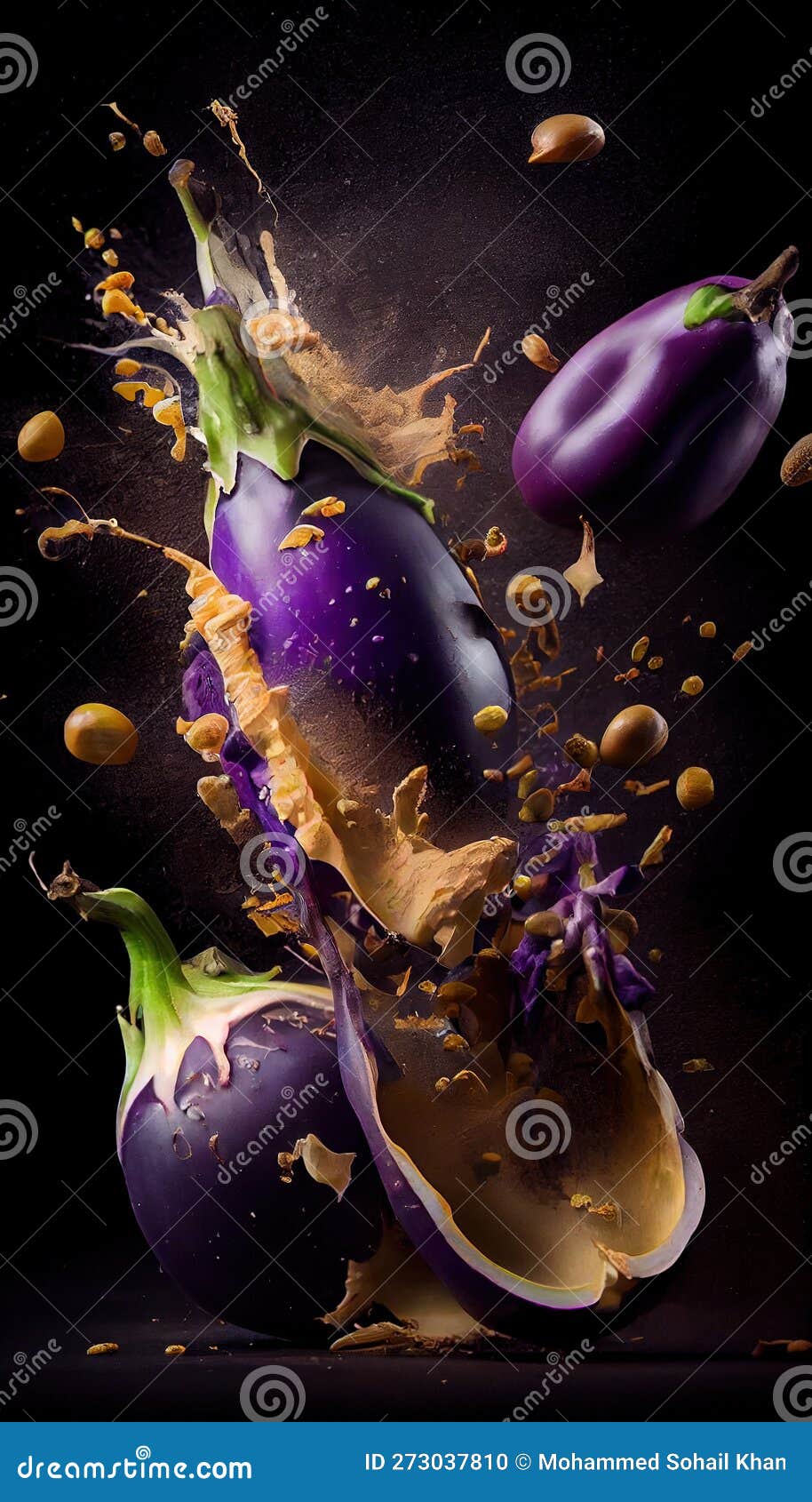 group of purple eggplants vegetable creatively falling-dripping flying or splashing on black background ai generative