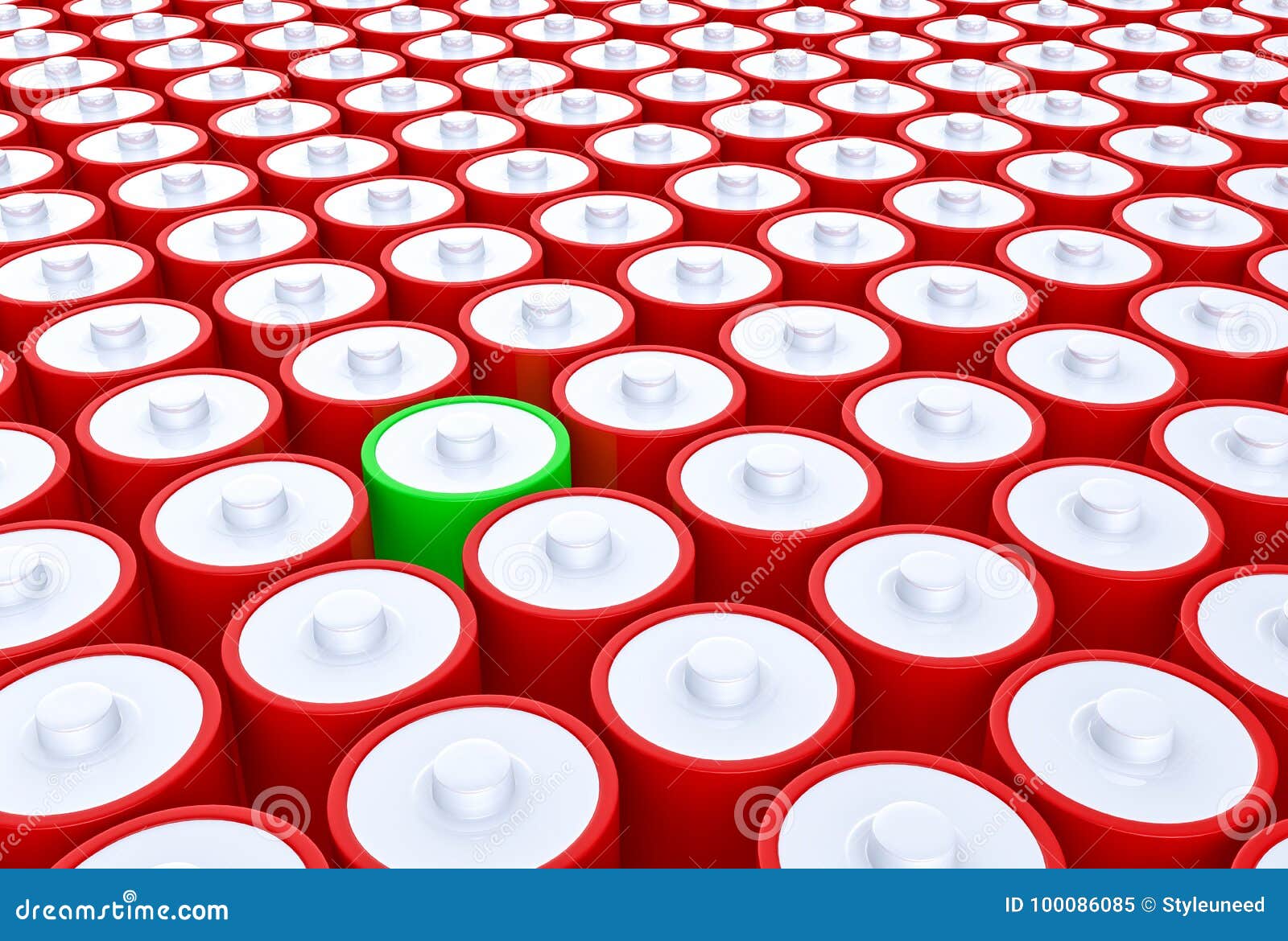 3D Illustration Group of Red Batteries with One Green Batterie Stock