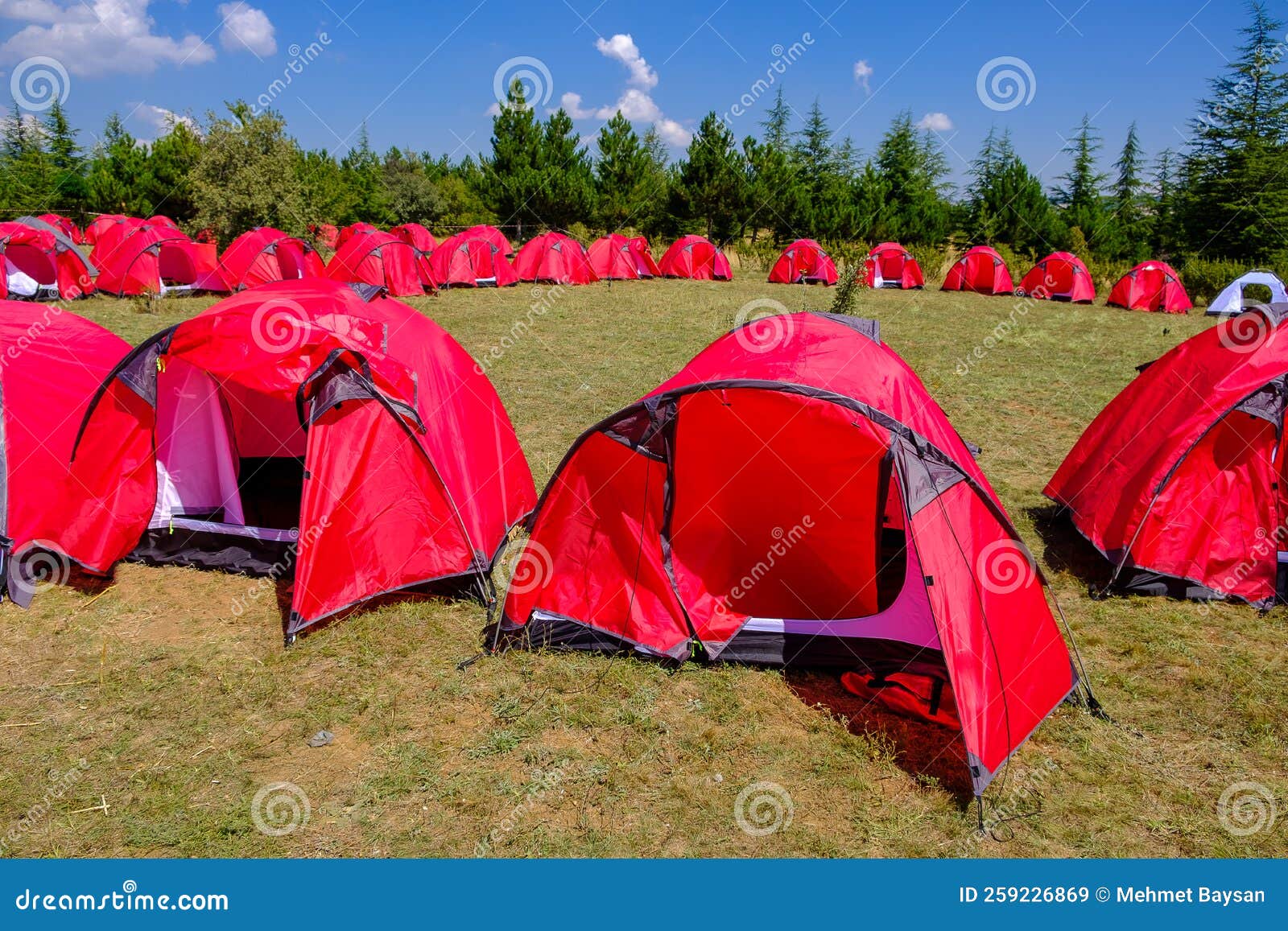 Group of Red Tents for Campers at Forest Stock Image Image of blue
