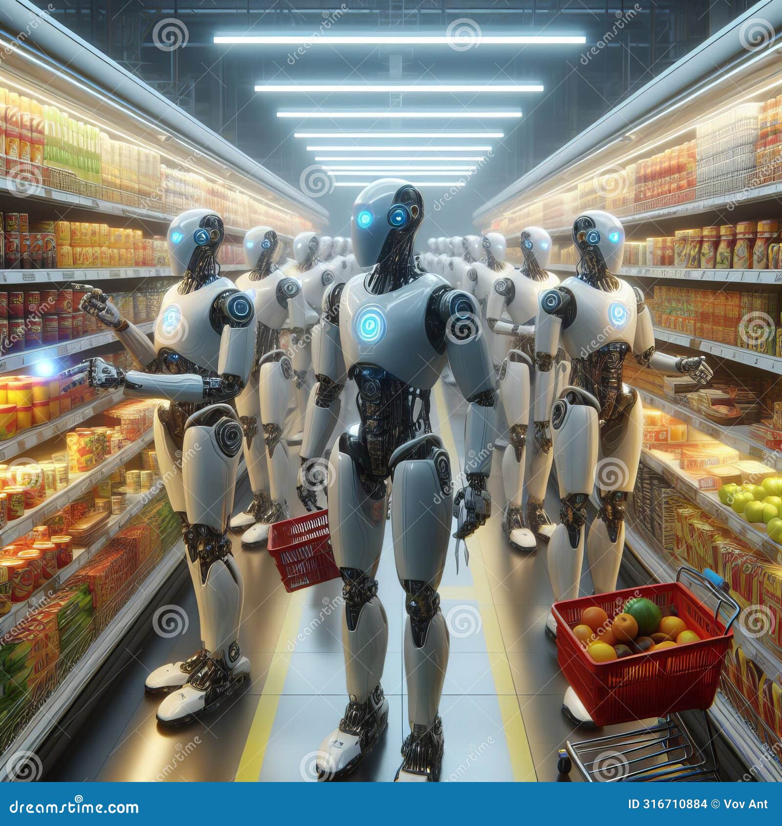 a group of robots scanning the aisles for food items, photorea