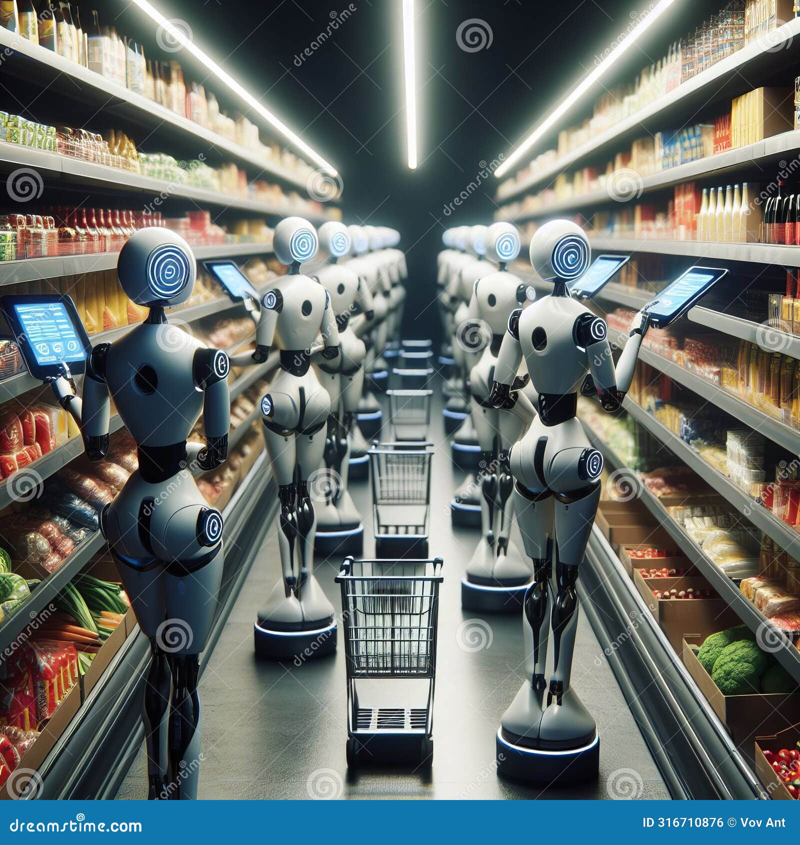 a group of robots scanning the aisles for food items, photorea