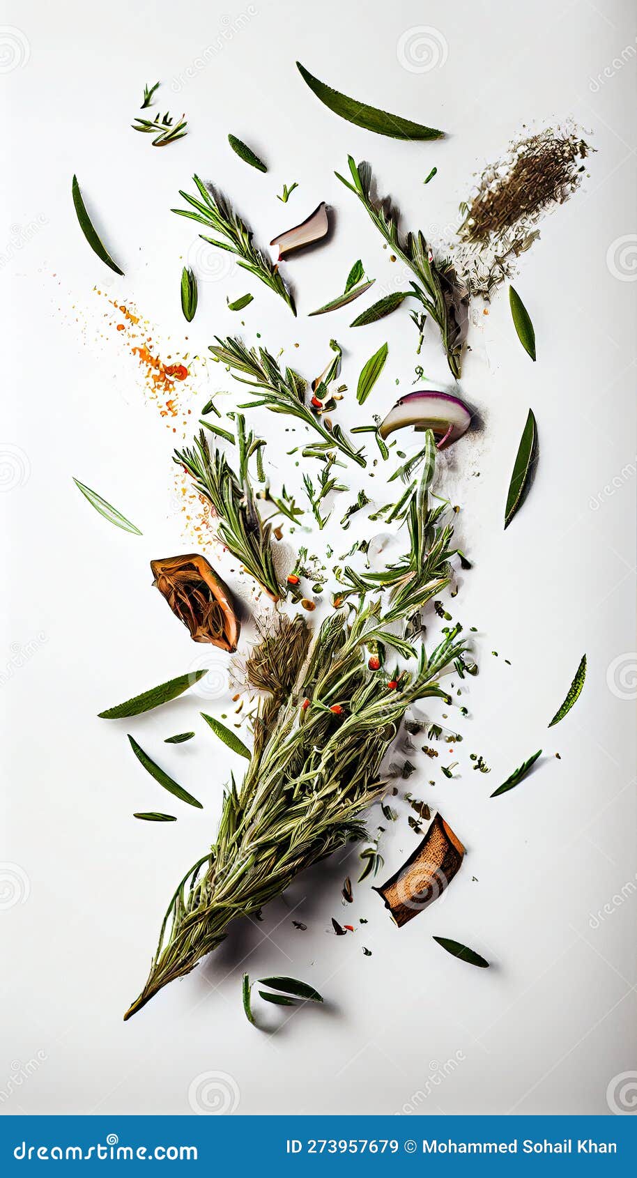 group of rosemery leafy vegetable creatively falling-dripping flying or splashing on white background generative ai