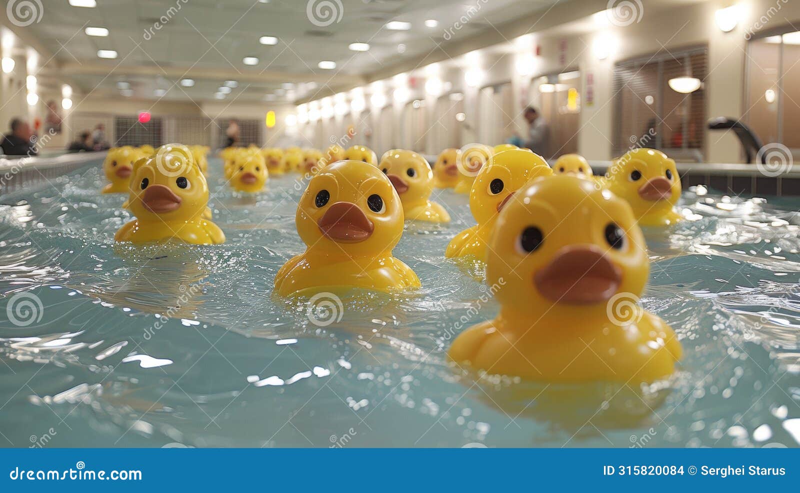 a group of rubber ducks floating in a pool with other rubber duckies, ai