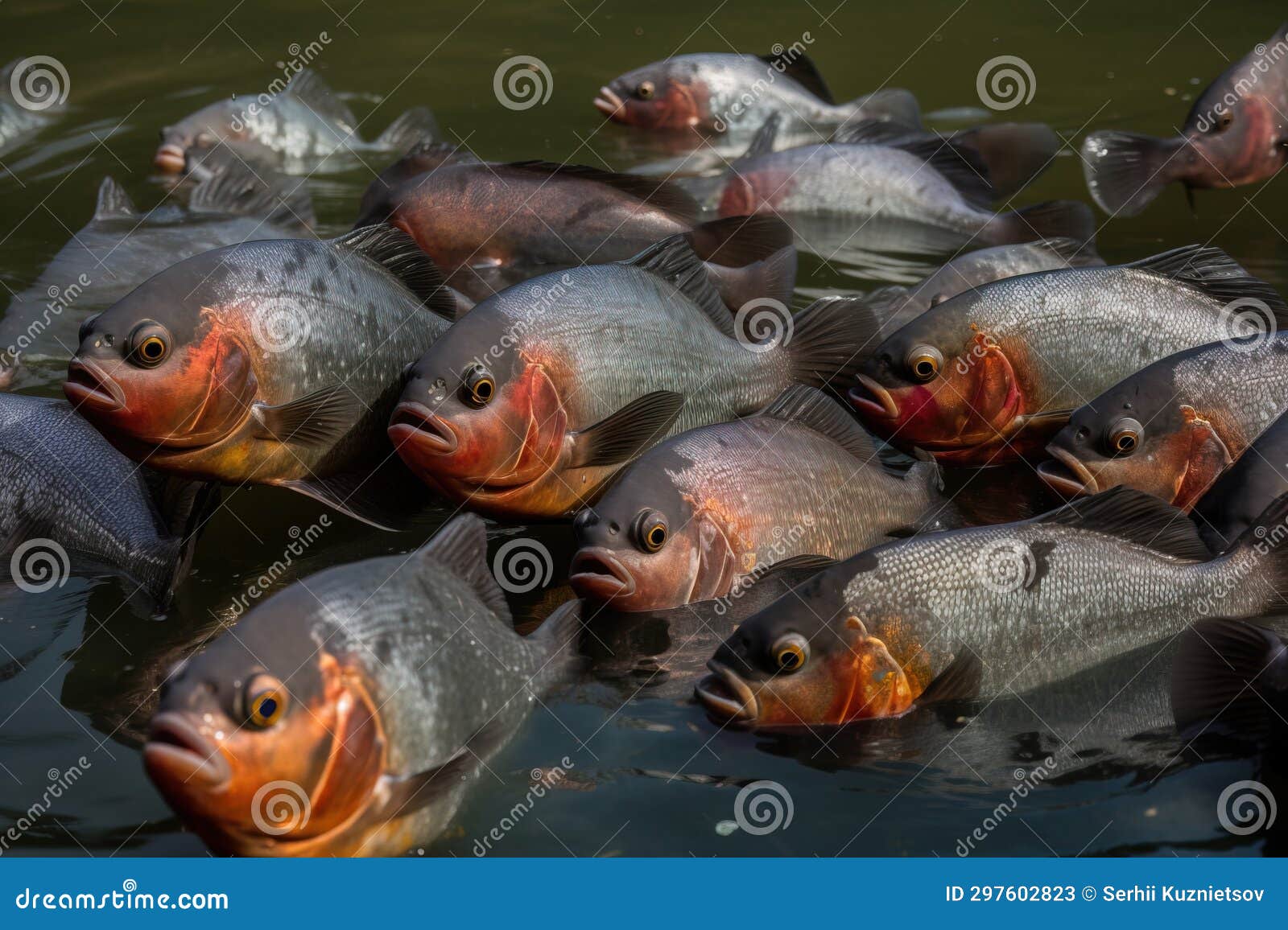 a group of a school of predatory tropical piranha fish. freshwater exotic fauna of the amazon. ai generated.