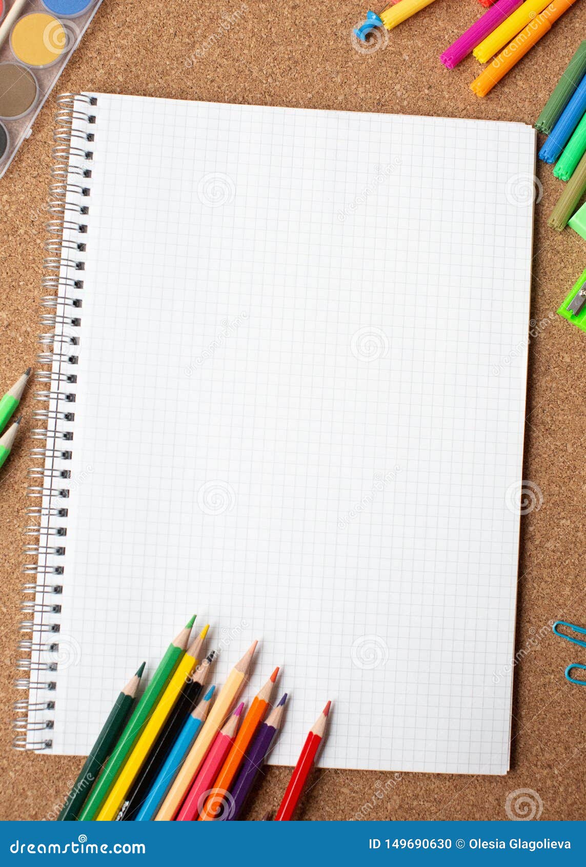 Group School Supplies Around a Notepad on Color Background. Copy Space.  Stock Photo - Image of isolated, pencil: 149690630