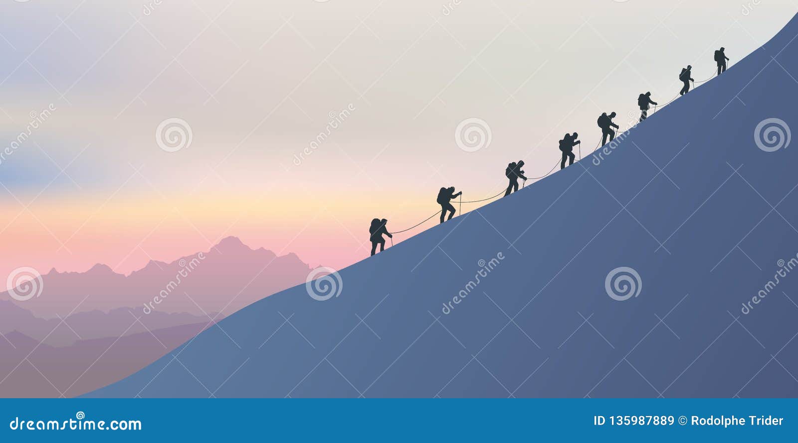 roped mountaineers climb a mountain along a ridge
