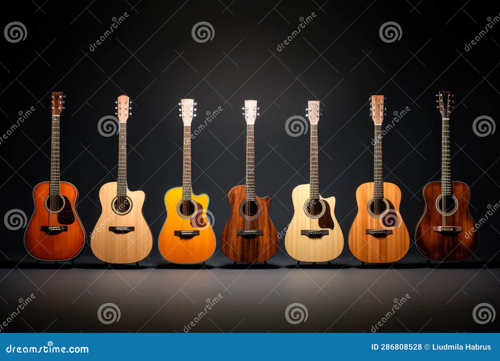 Group of Six Acoustic Guitar on Wooden Background Stock Photo Image