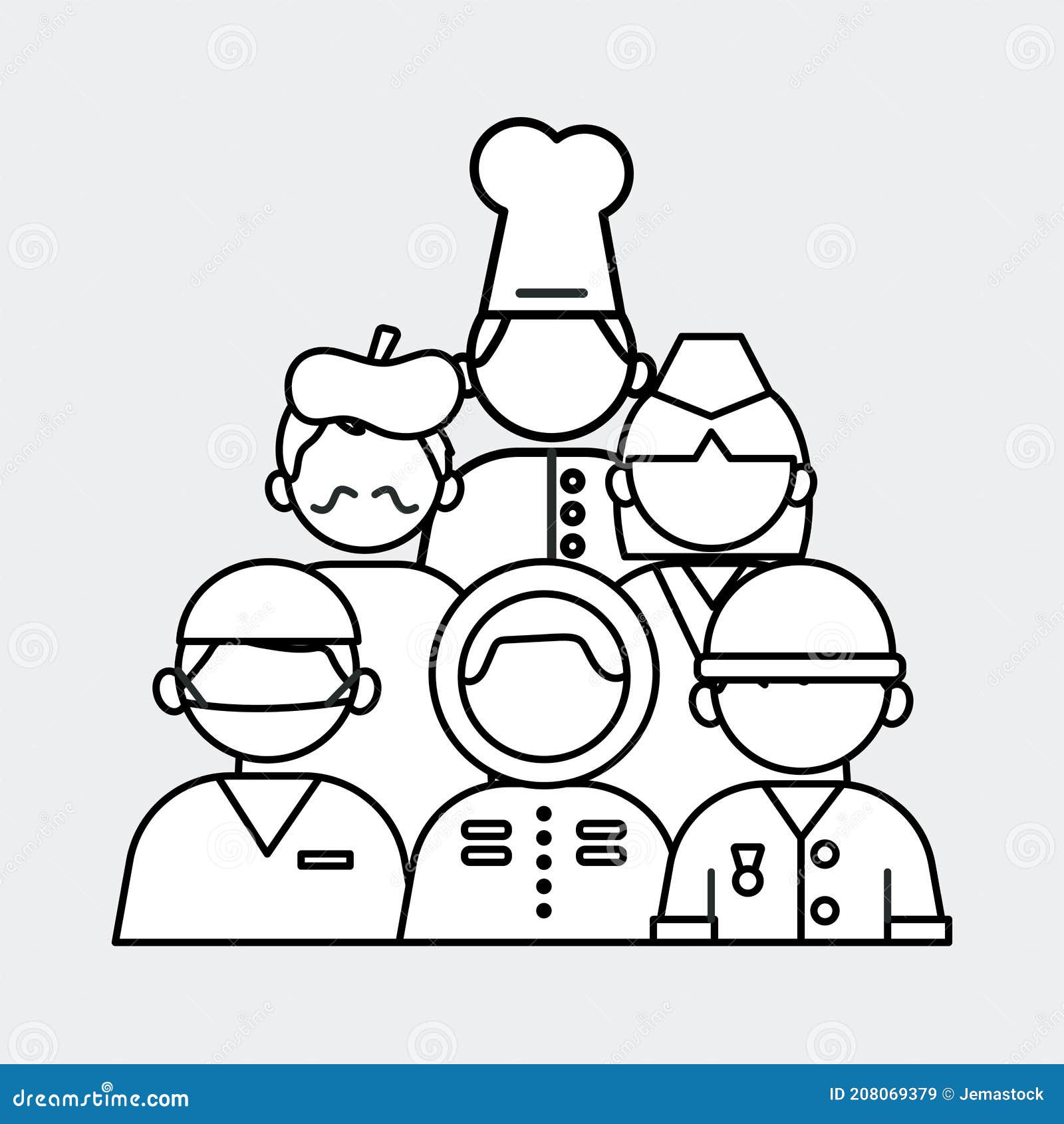group of six professionals workers with differents occupations characters
