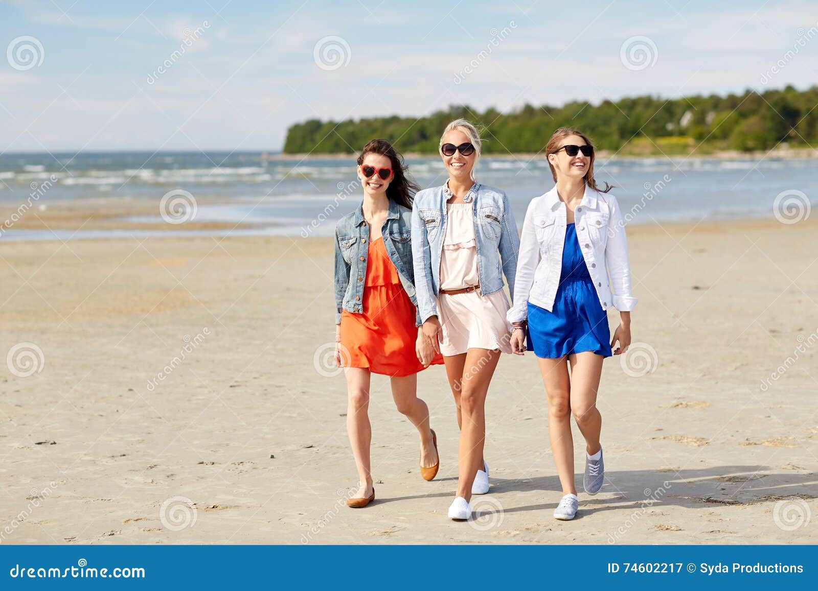 Group of Smiling Women in Sunglasses on Beach Stock Image - Image of ...