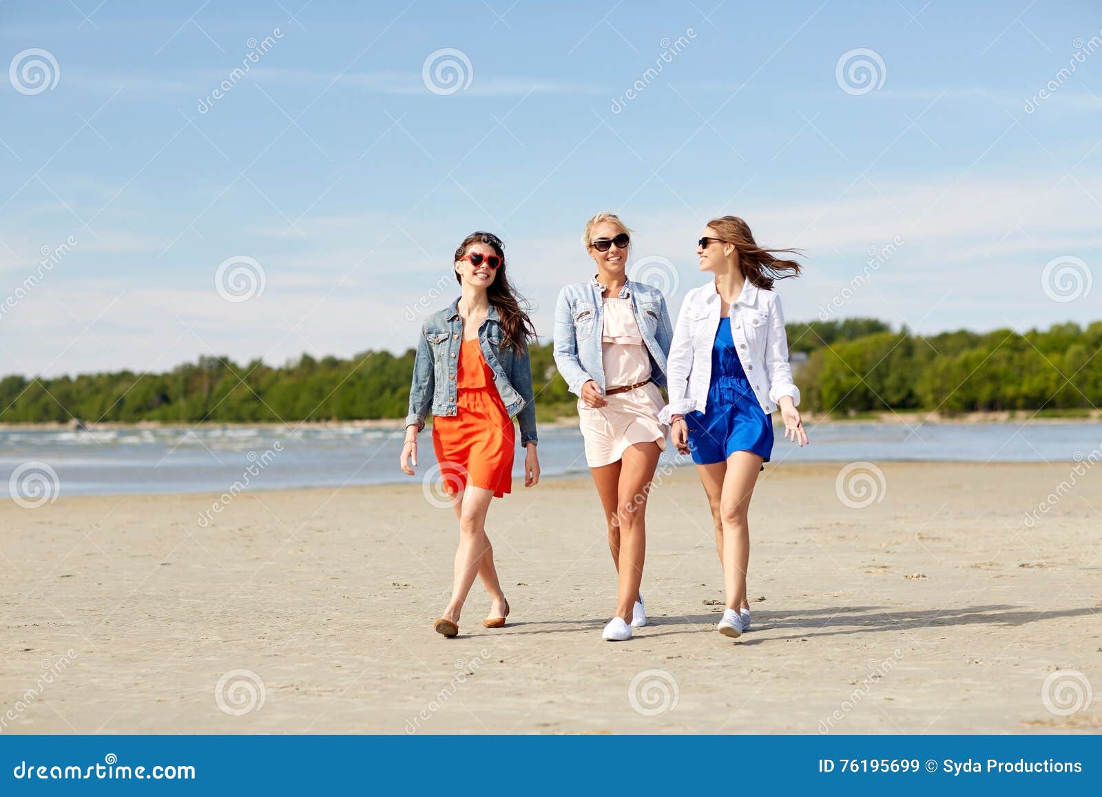 Group of Smiling Women in Sunglasses on Beach Stock Image - Image of ...