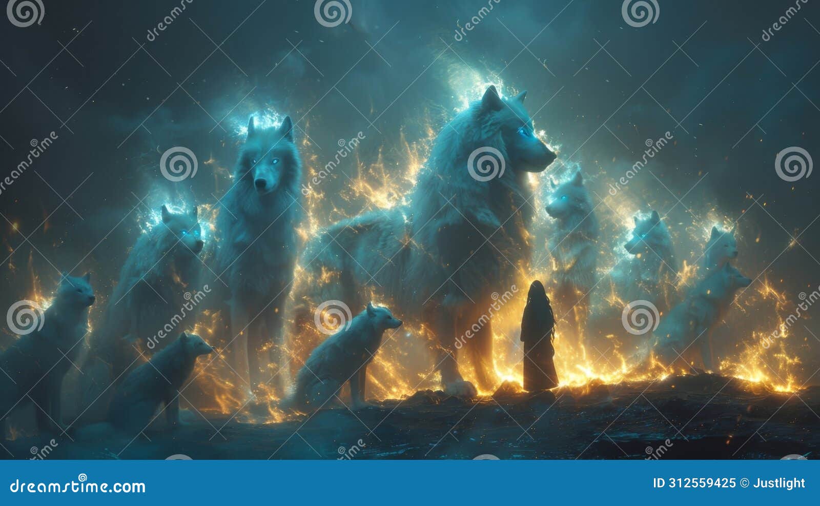 a group of spirit animals each glowing with their own distinctive energy gather around a young soul to impart their
