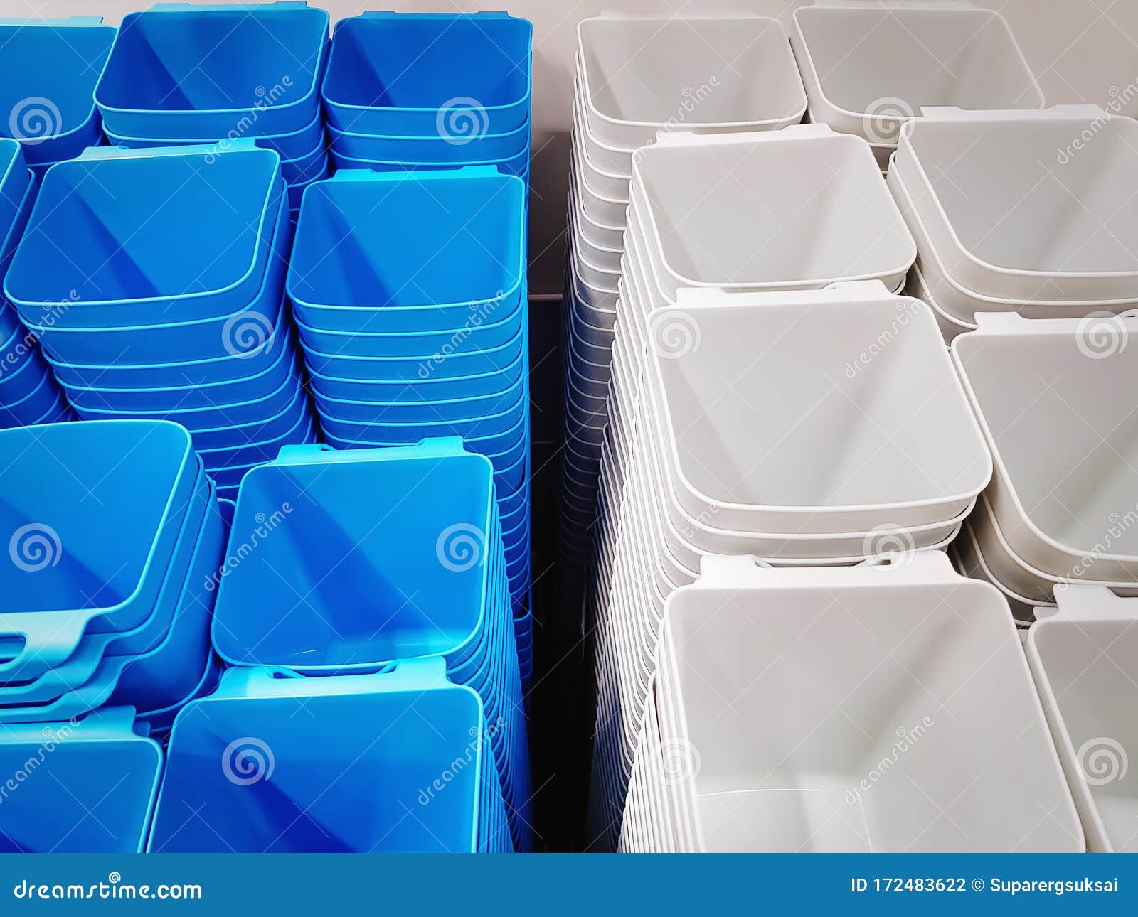 Group of Stacked White and Blue Plastic Containers for Sale Stock Photo Image of store, white